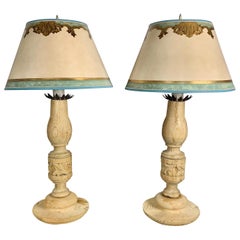 Antique Pair of 19th Century Italian Candlestick Lamps with Custom Parchment Shades