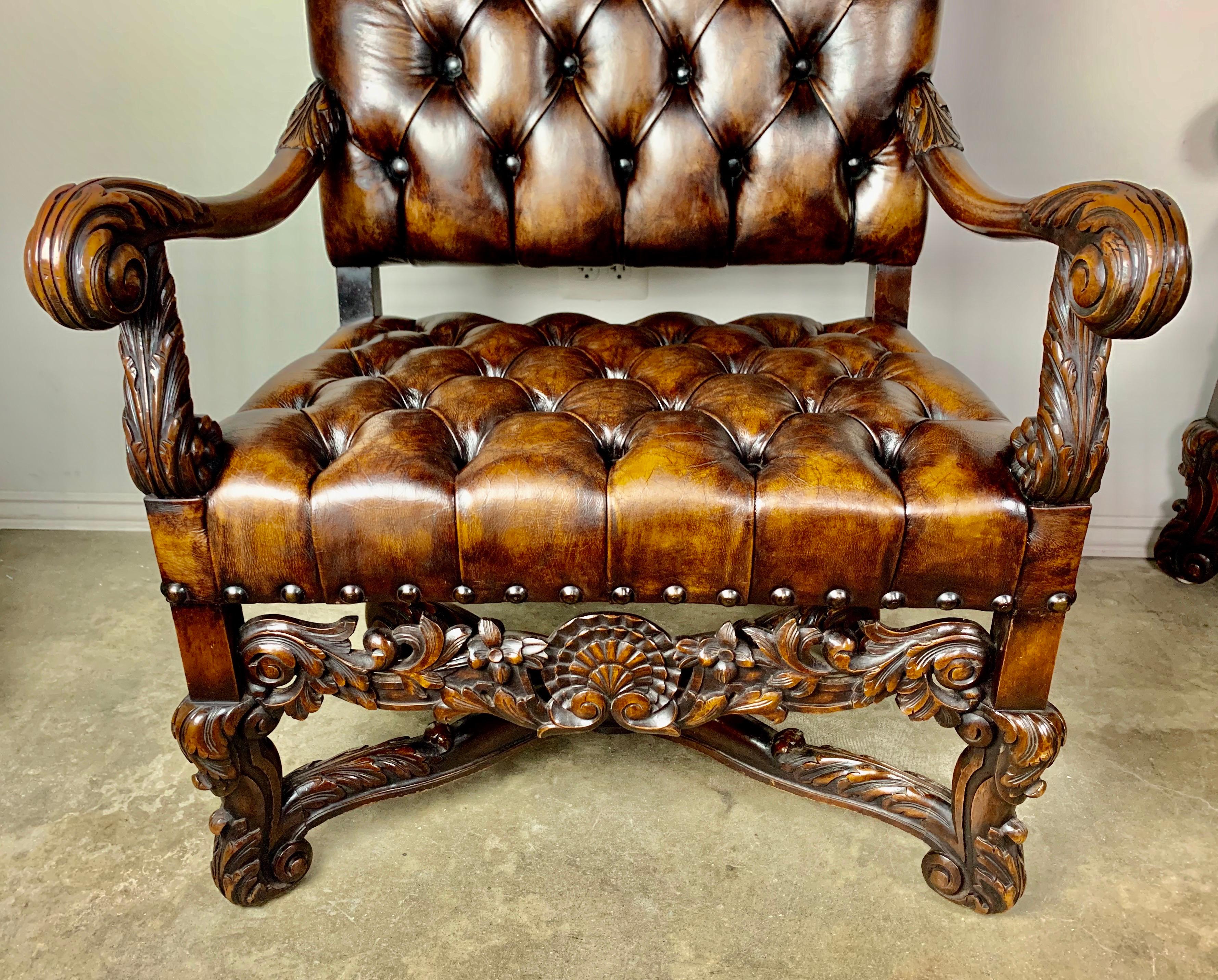 Pair of 19th Century Italian Carved Leather Tufted Armchairs 4