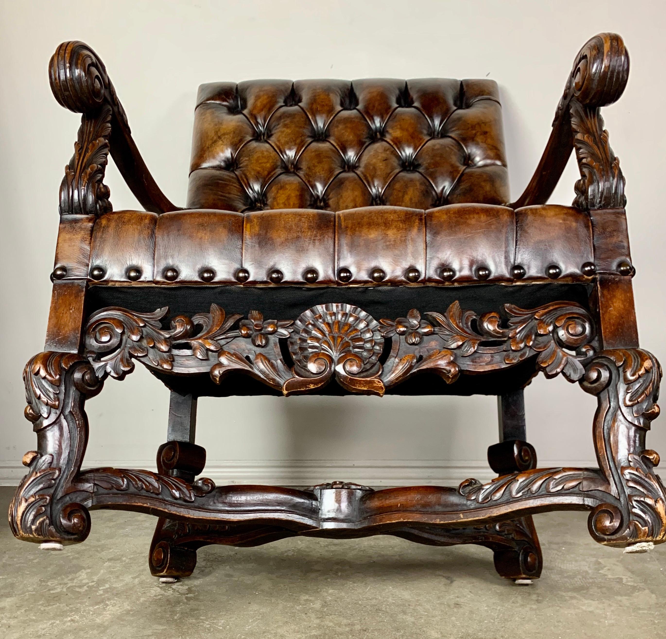 Pair of 19th Century Italian Carved Leather Tufted Armchairs 11