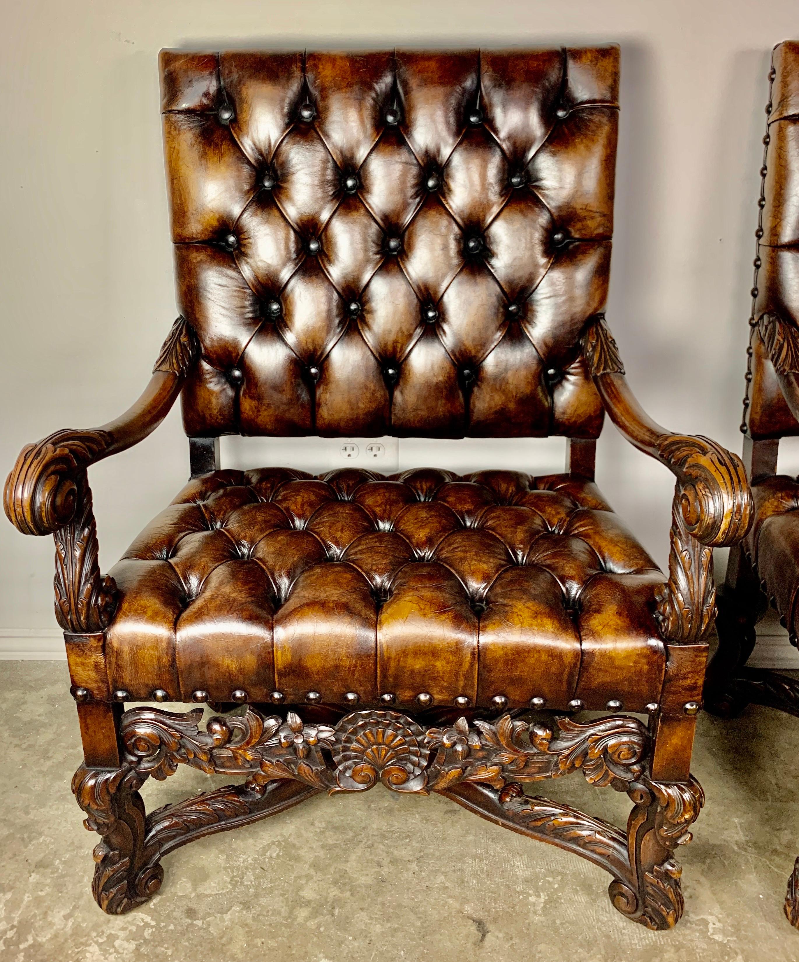 Baroque Pair of 19th Century Italian Carved Leather Tufted Armchairs