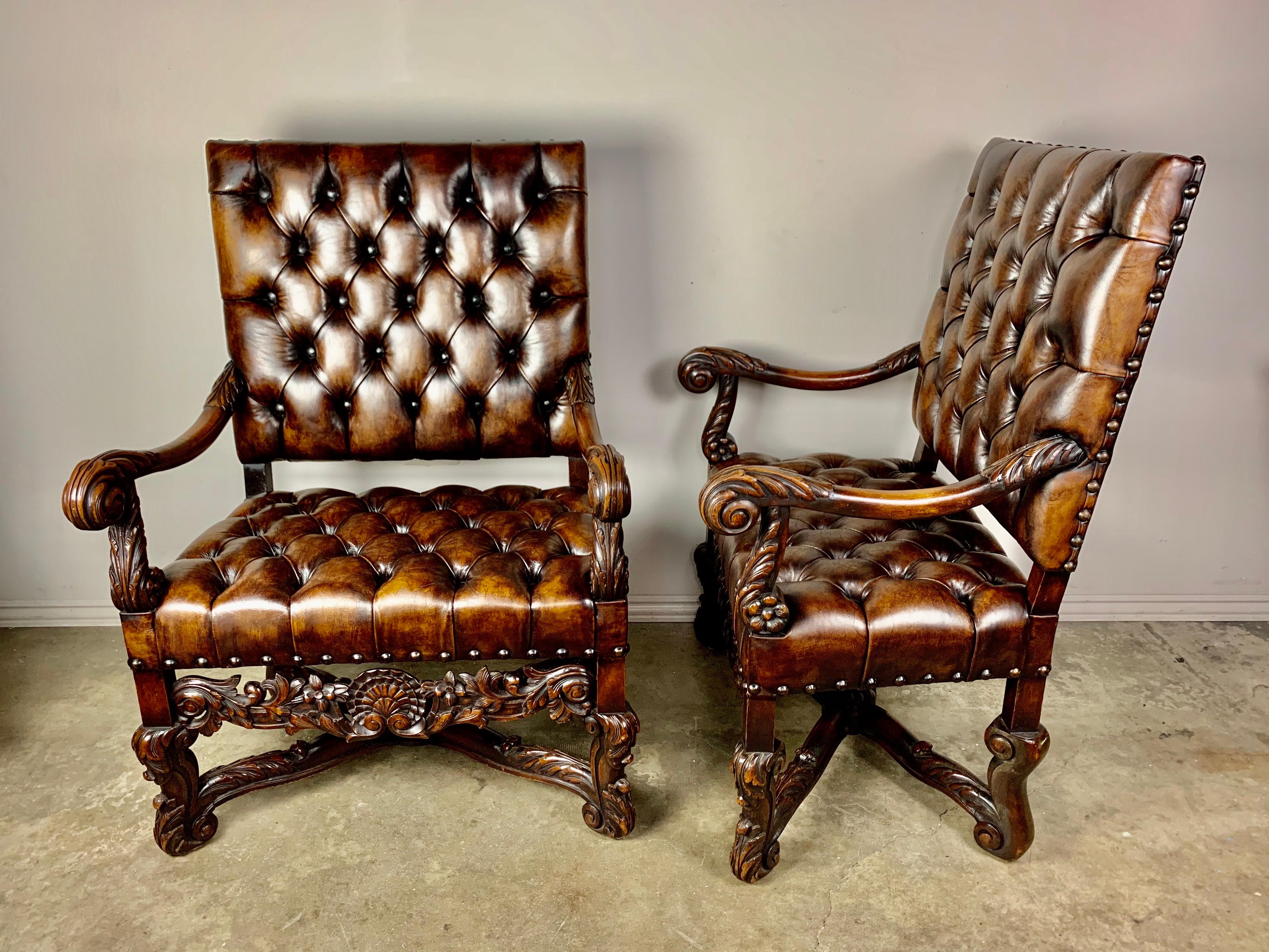 Hand-Carved Pair of 19th Century Italian Carved Leather Tufted Armchairs