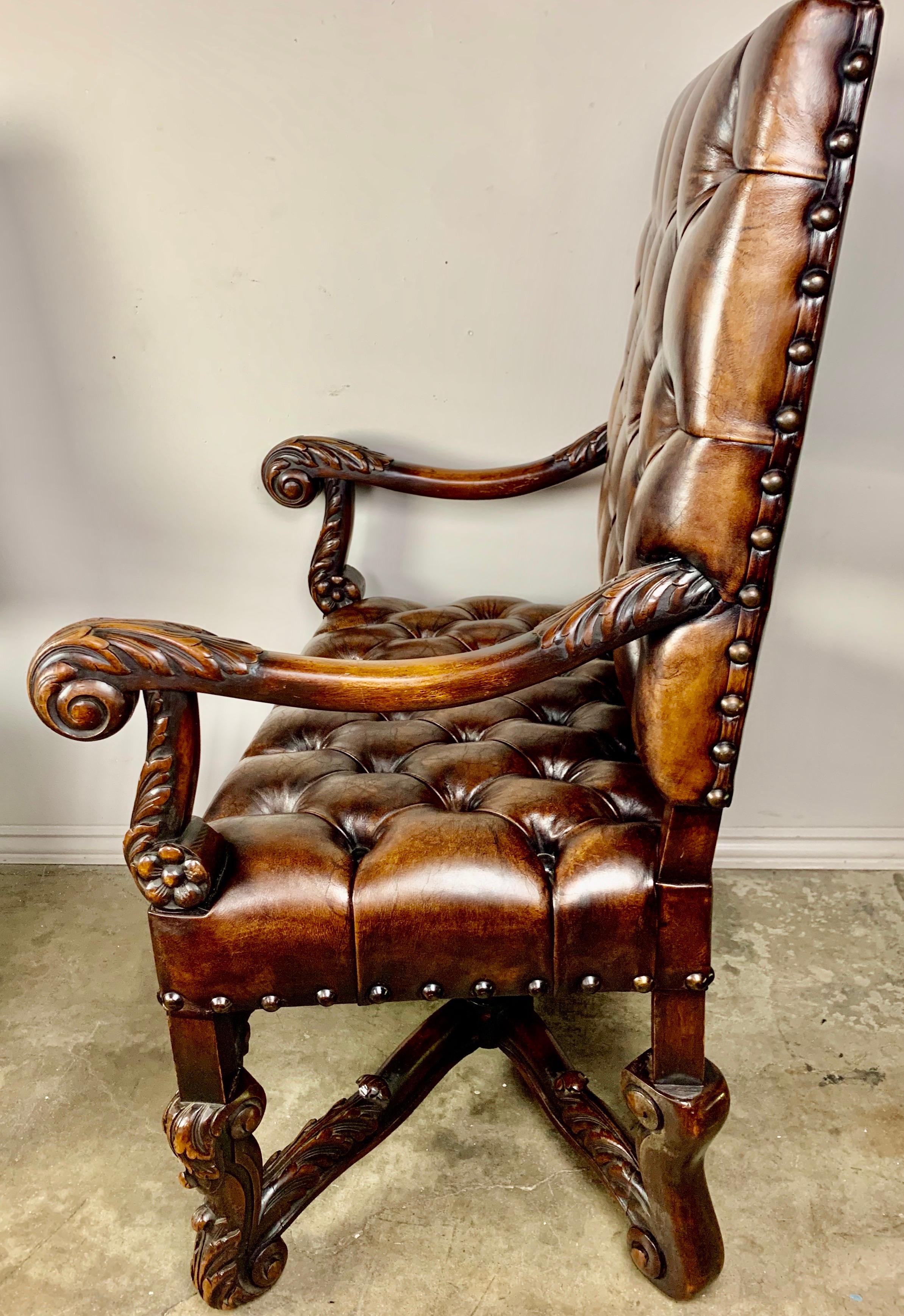 Pair of 19th Century Italian Carved Leather Tufted Armchairs In Good Condition In Los Angeles, CA