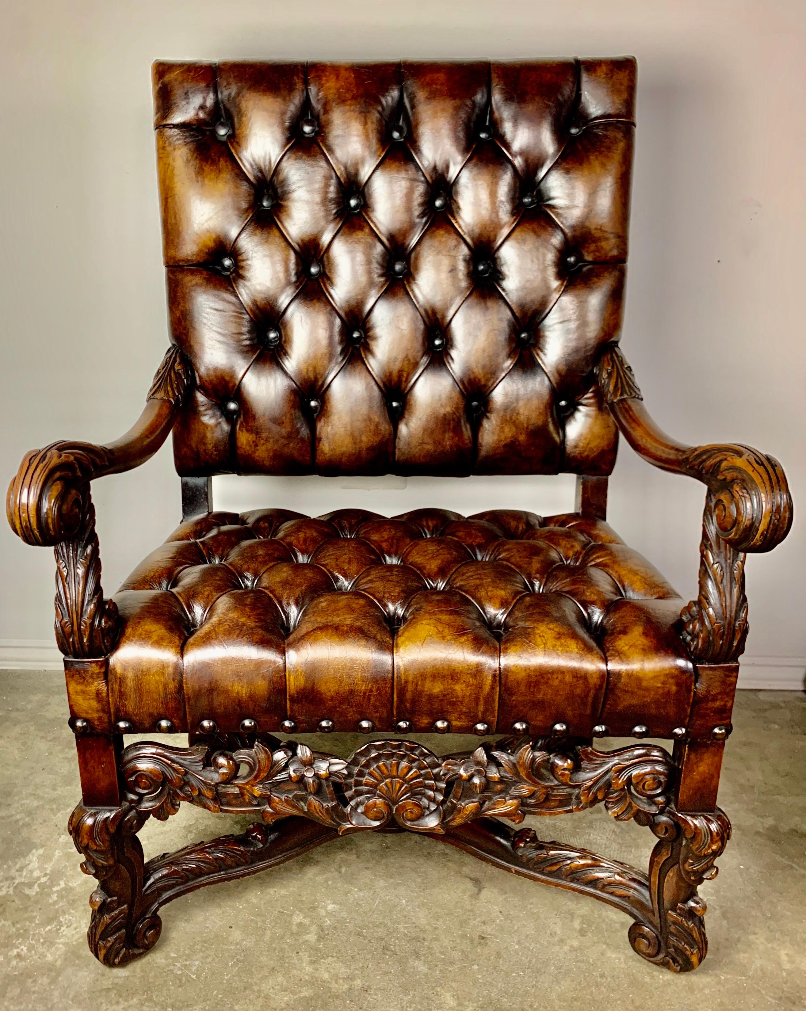 Walnut Pair of 19th Century Italian Carved Leather Tufted Armchairs