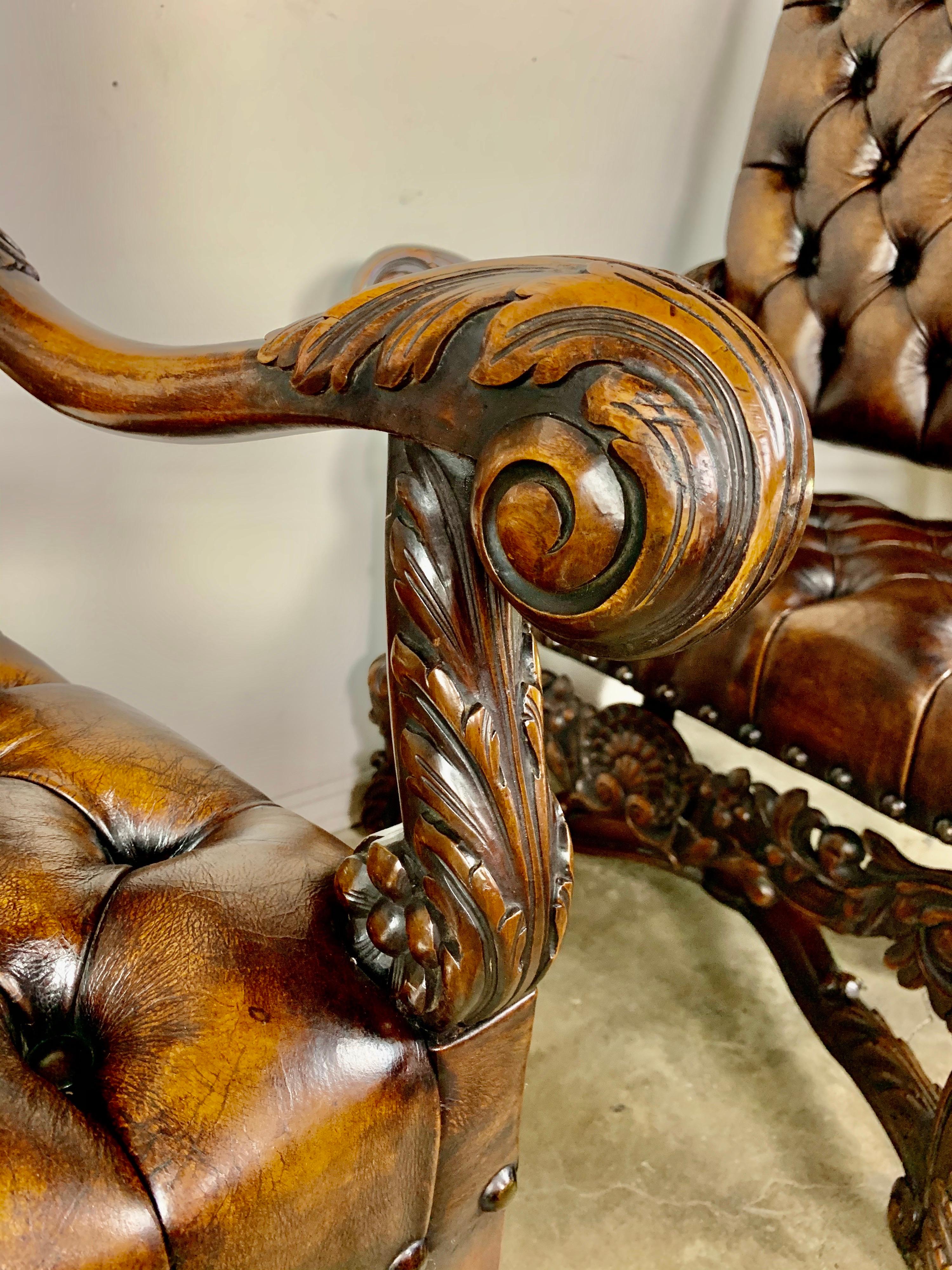 Pair of 19th Century Italian Carved Leather Tufted Armchairs 1