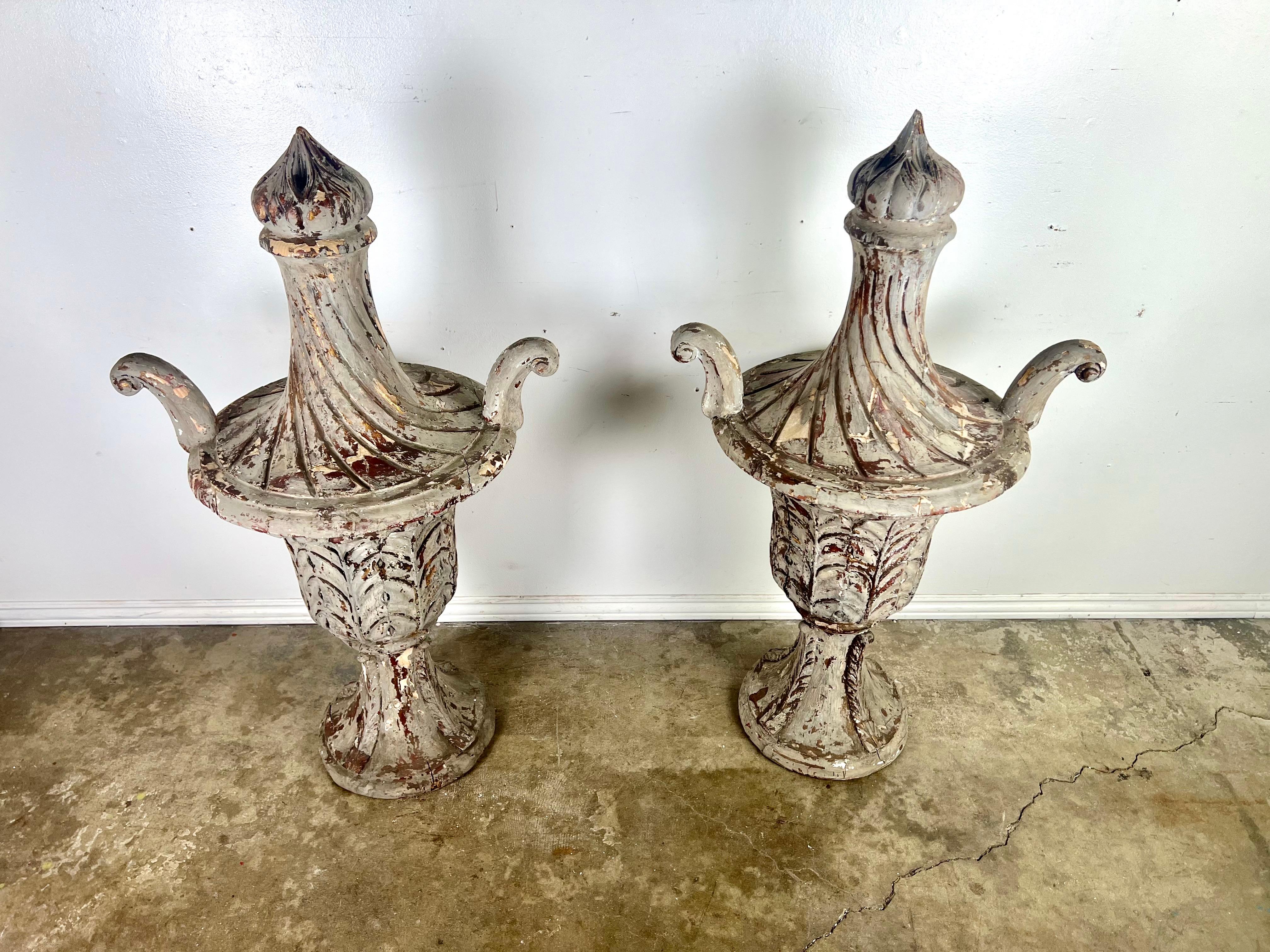 Neoclassical Pair of 19th C. Italian Carved Painted Finials For Sale
