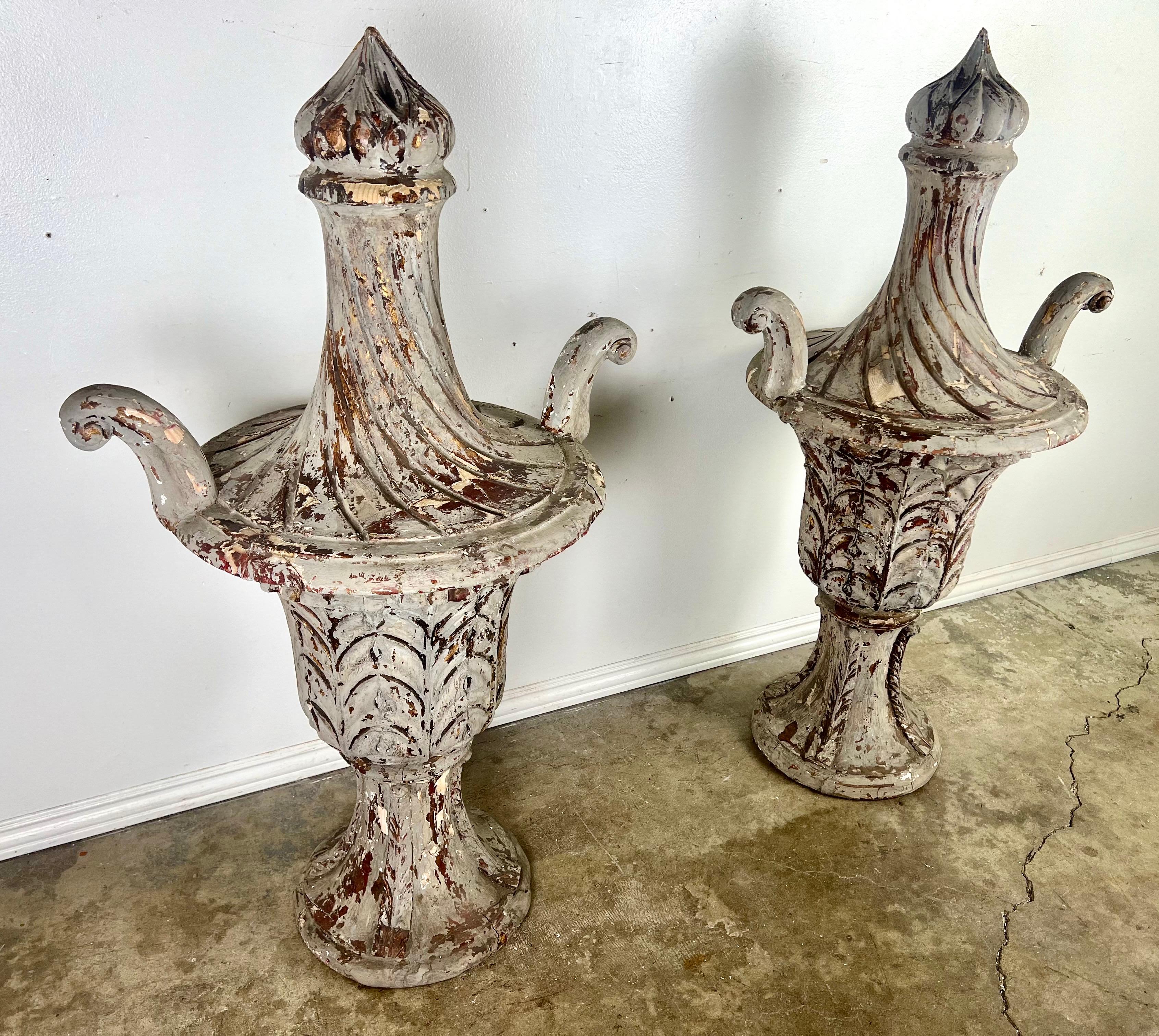 19th Century Pair of 19th C. Italian Carved Painted Finials For Sale