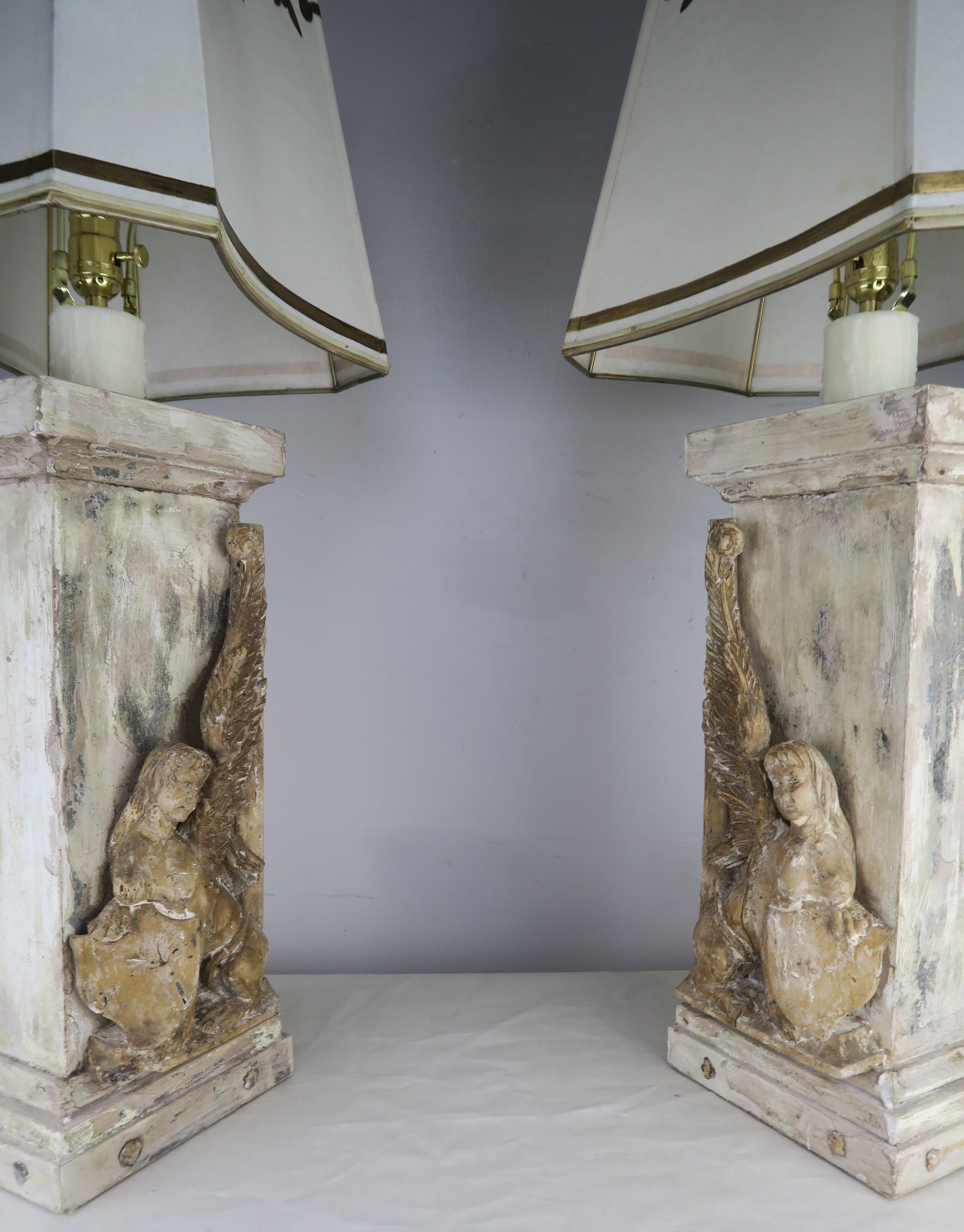 Baroque Pair of 19th Century Italian Carved Sphinx Lamps w/ Parchment Shades