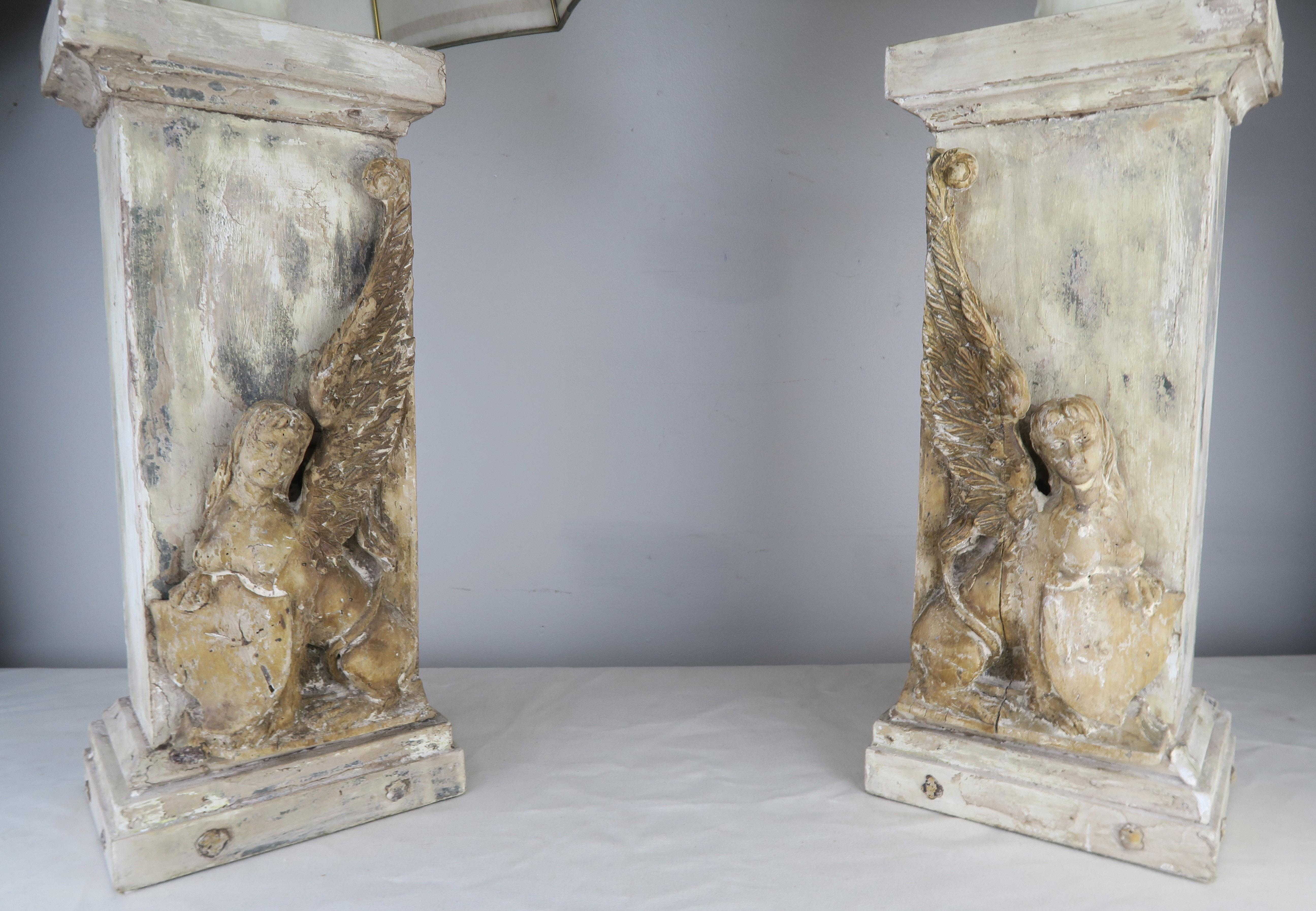 Wood Pair of 19th Century Italian Carved Sphinx Lamps w/ Parchment Shades