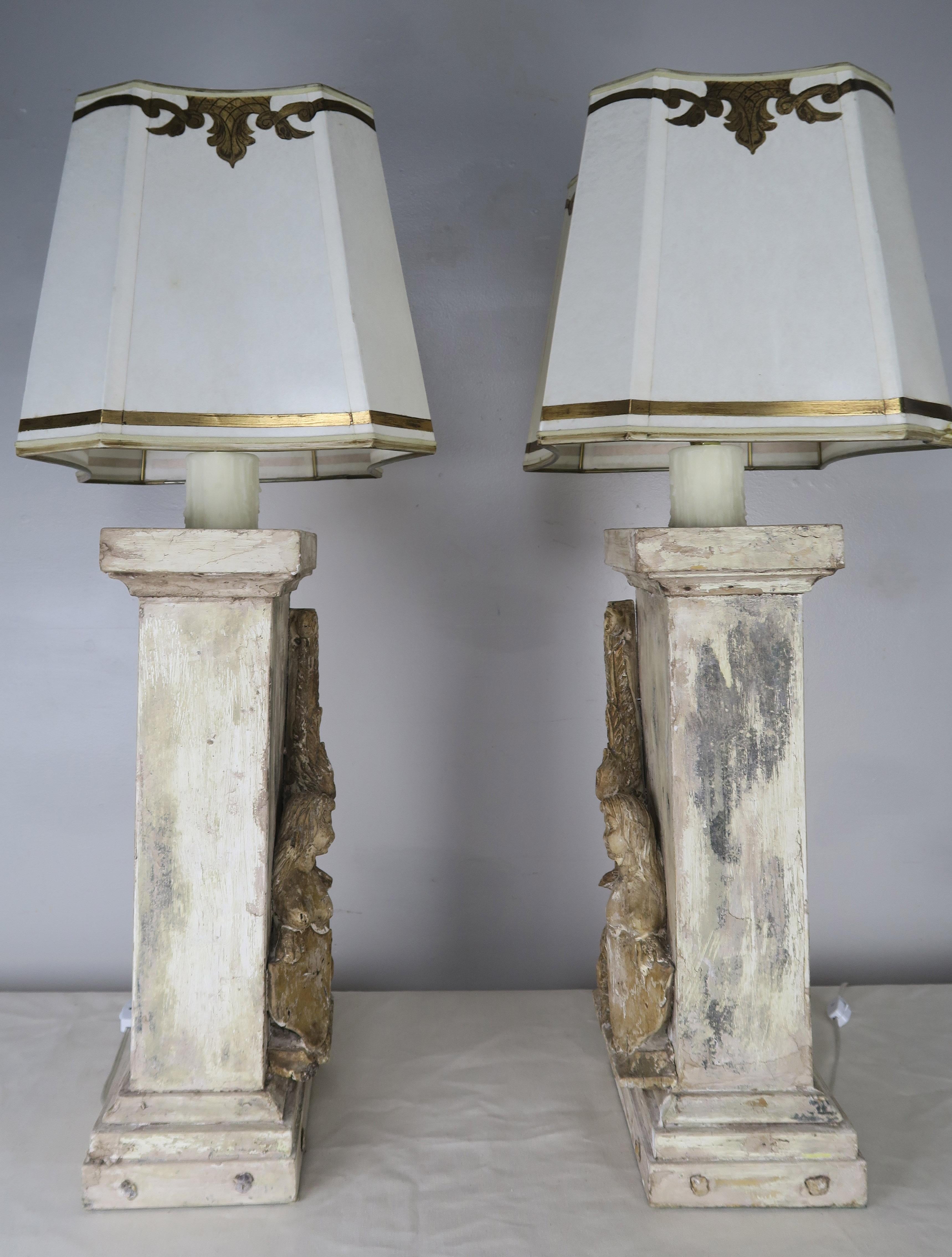Pair of 19th Century Italian Carved Sphinx Lamps w/ Parchment Shades 2