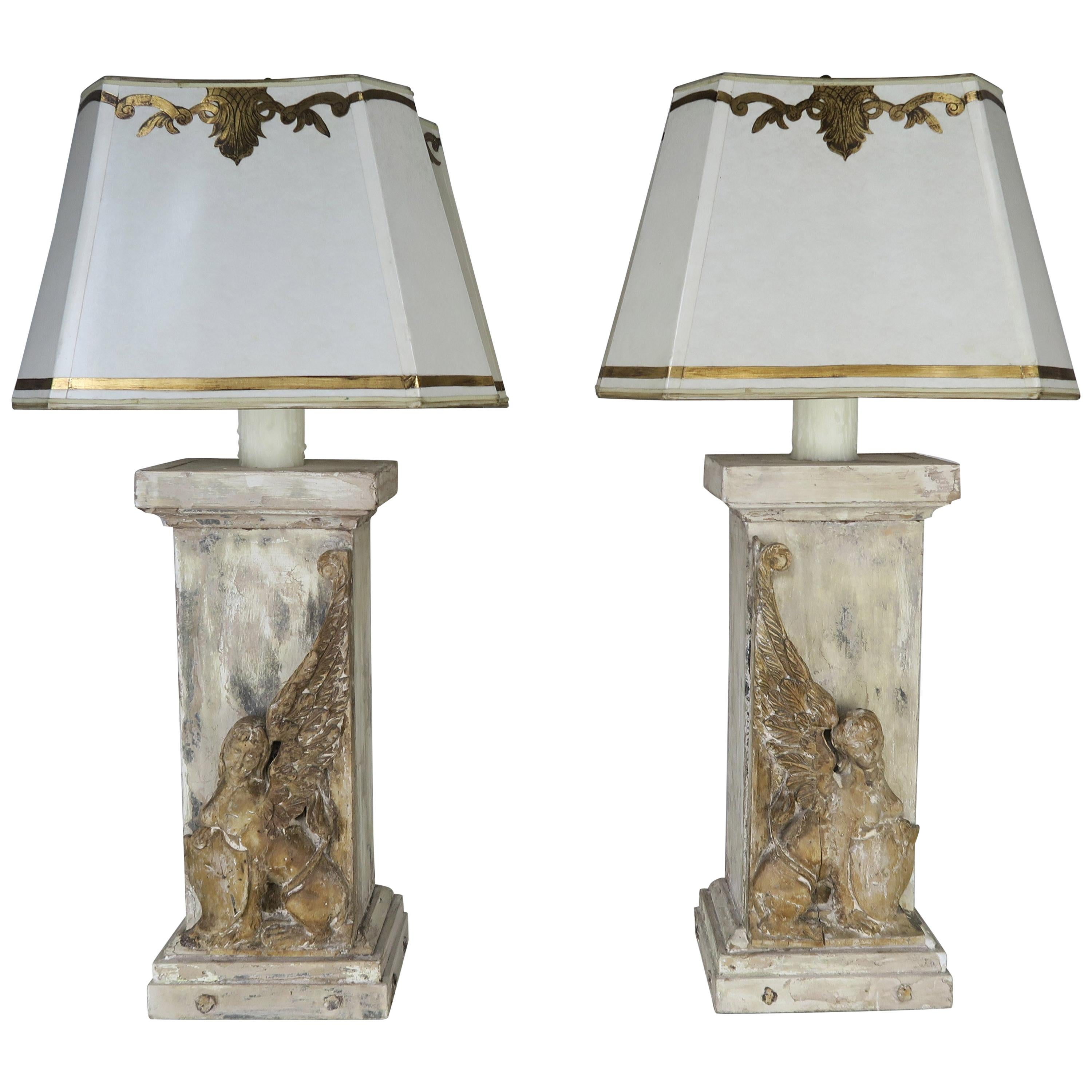 Pair of 19th Century Italian Carved Sphinx Lamps w/ Parchment Shades