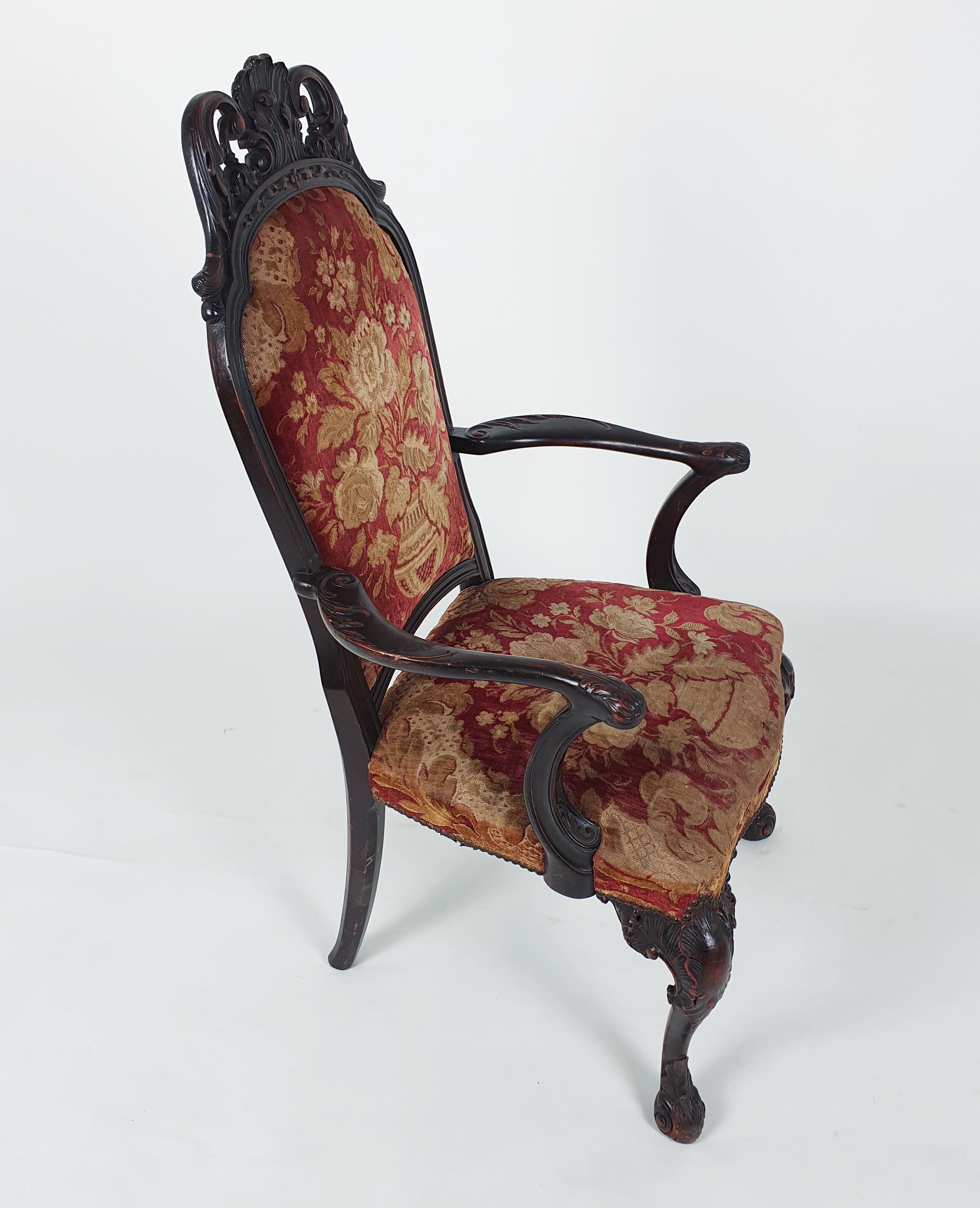 Fabric Pair of 19th Century Italian Carved Walnut Armchairs