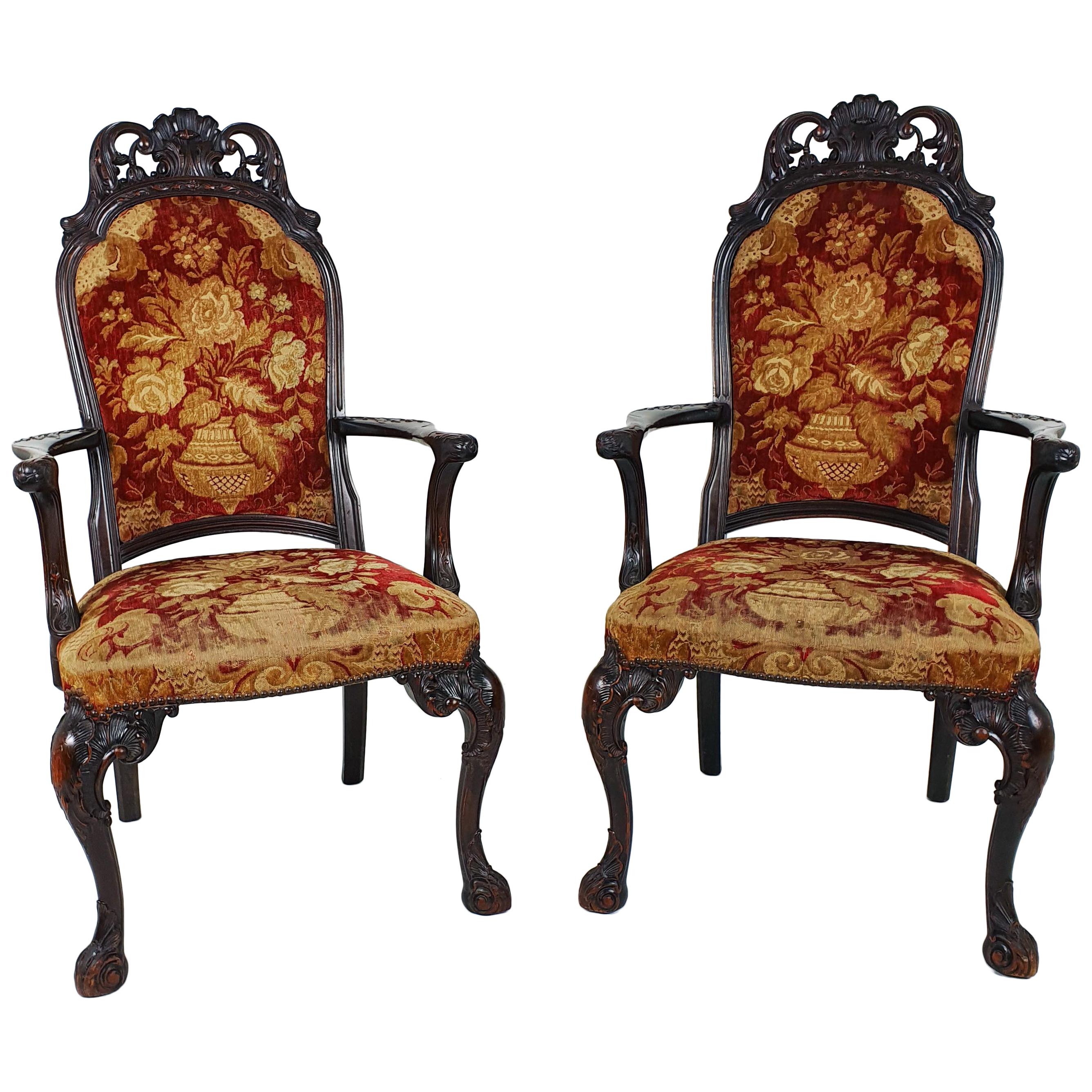 Pair of 19th Century Italian Carved Walnut Armchairs