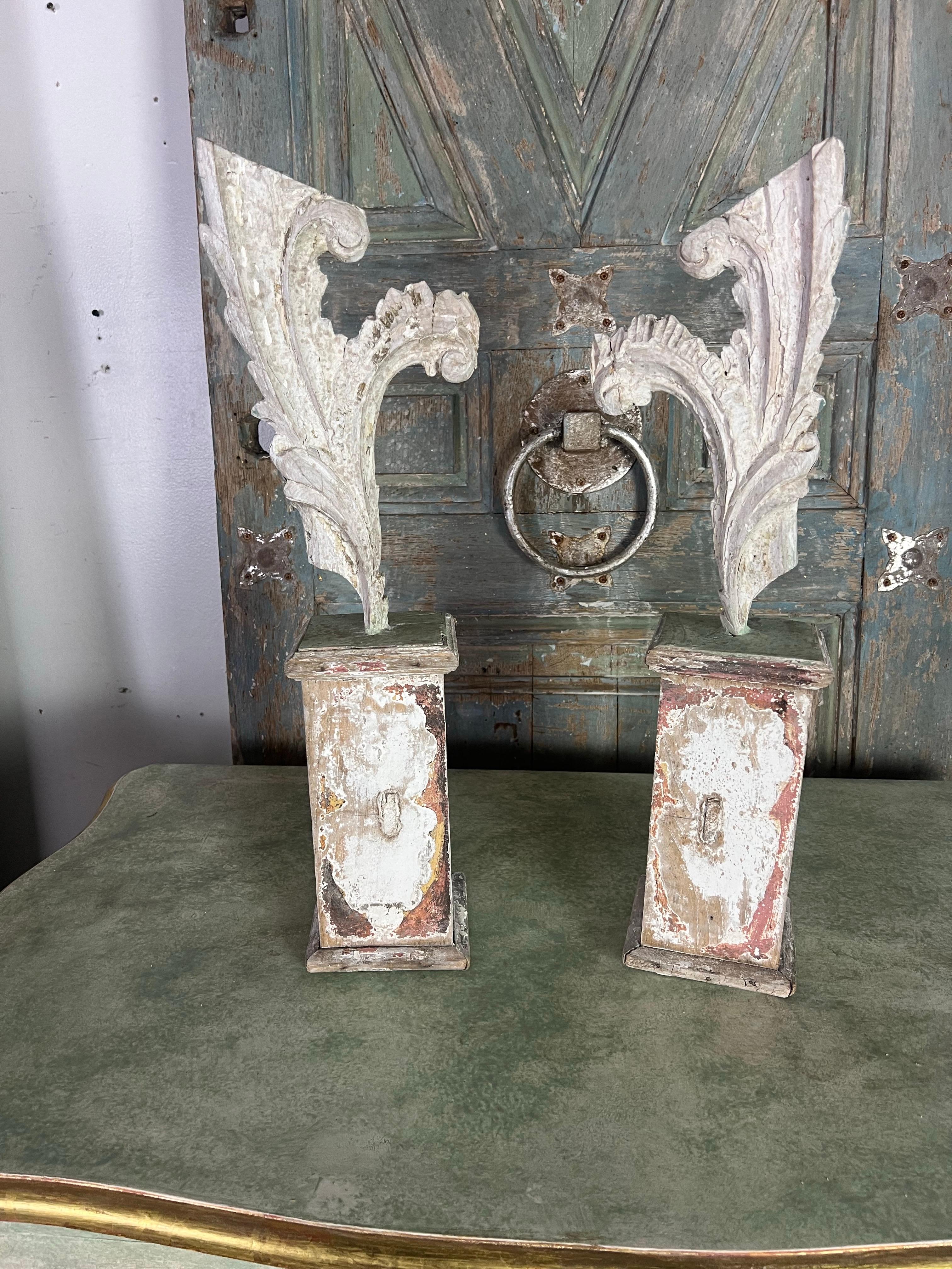 A.I.C., paire italienne d'éléments architecturaux anciens ornés de motifs complexes de feuilles d'acanthe.  Elles sont montées sur des socles rectangulaires en bois, qui présentent des signes d'ancienneté avec des couches de peinture écaillée de
