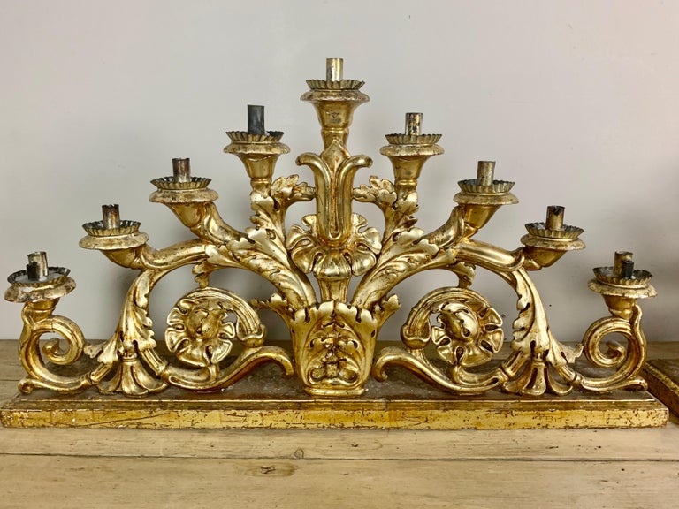 Baroque Pair of 19th Century Italian Giltwood Candleholders For Sale