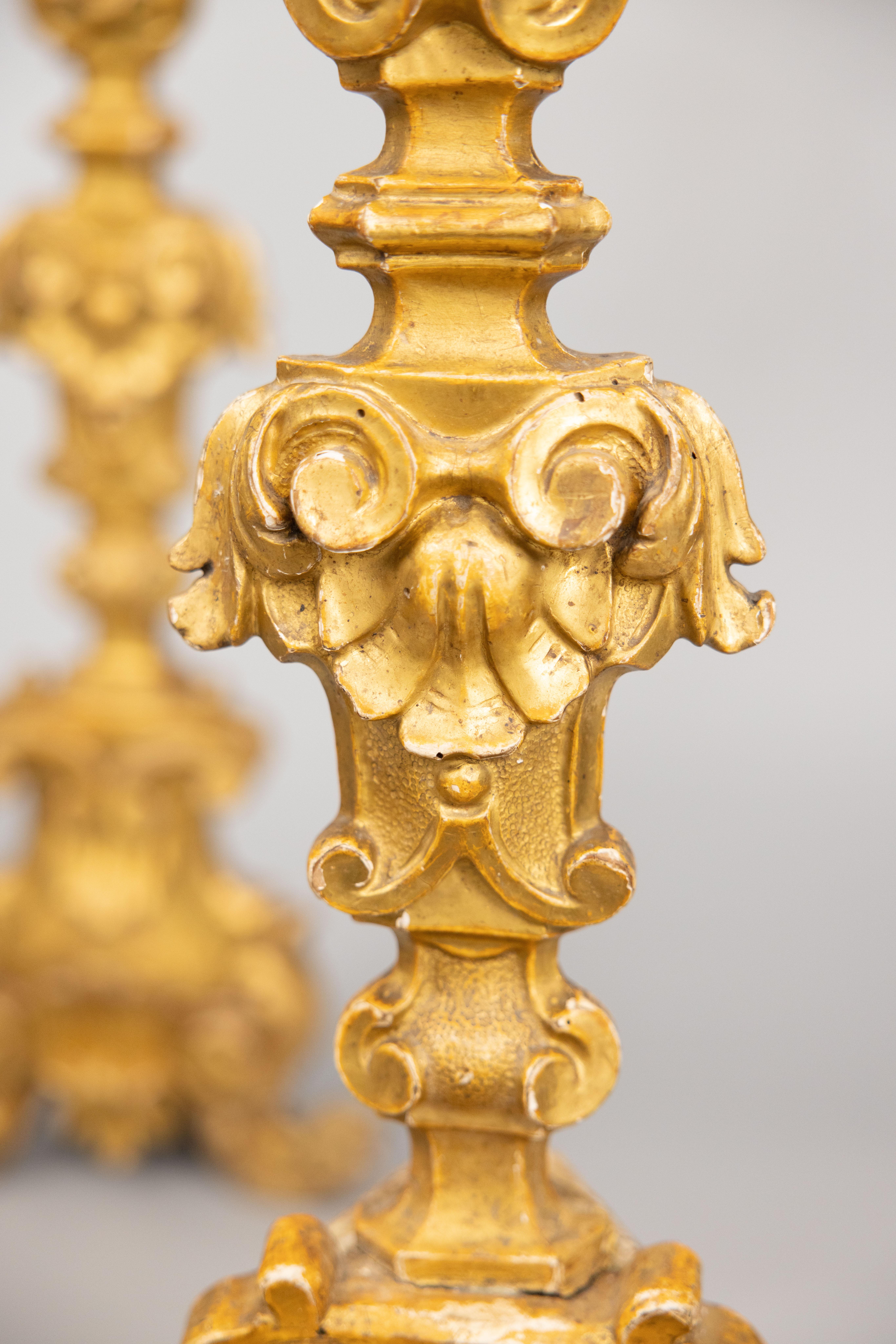 Pair of 19th C. Italian Giltwood Floor Pricket Candlesticks Torchieres For Sale 5