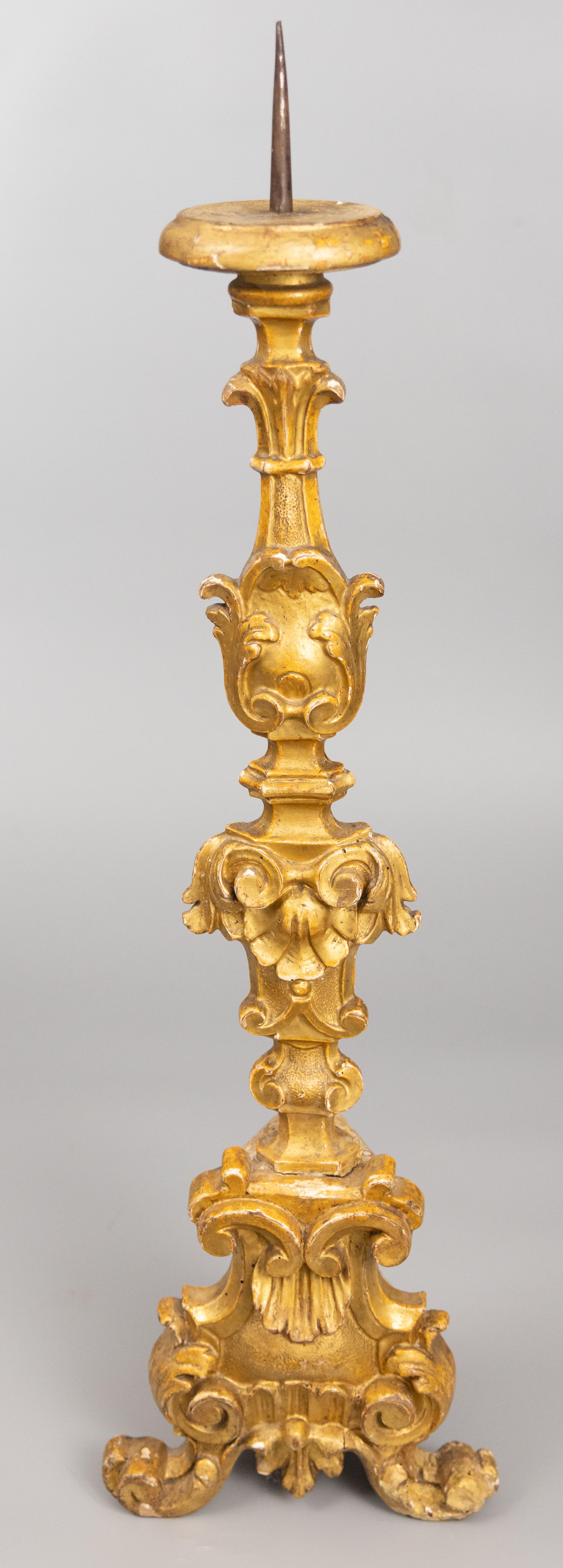 Hand-Carved Pair of 19th C. Italian Giltwood Floor Pricket Candlesticks Torchieres For Sale