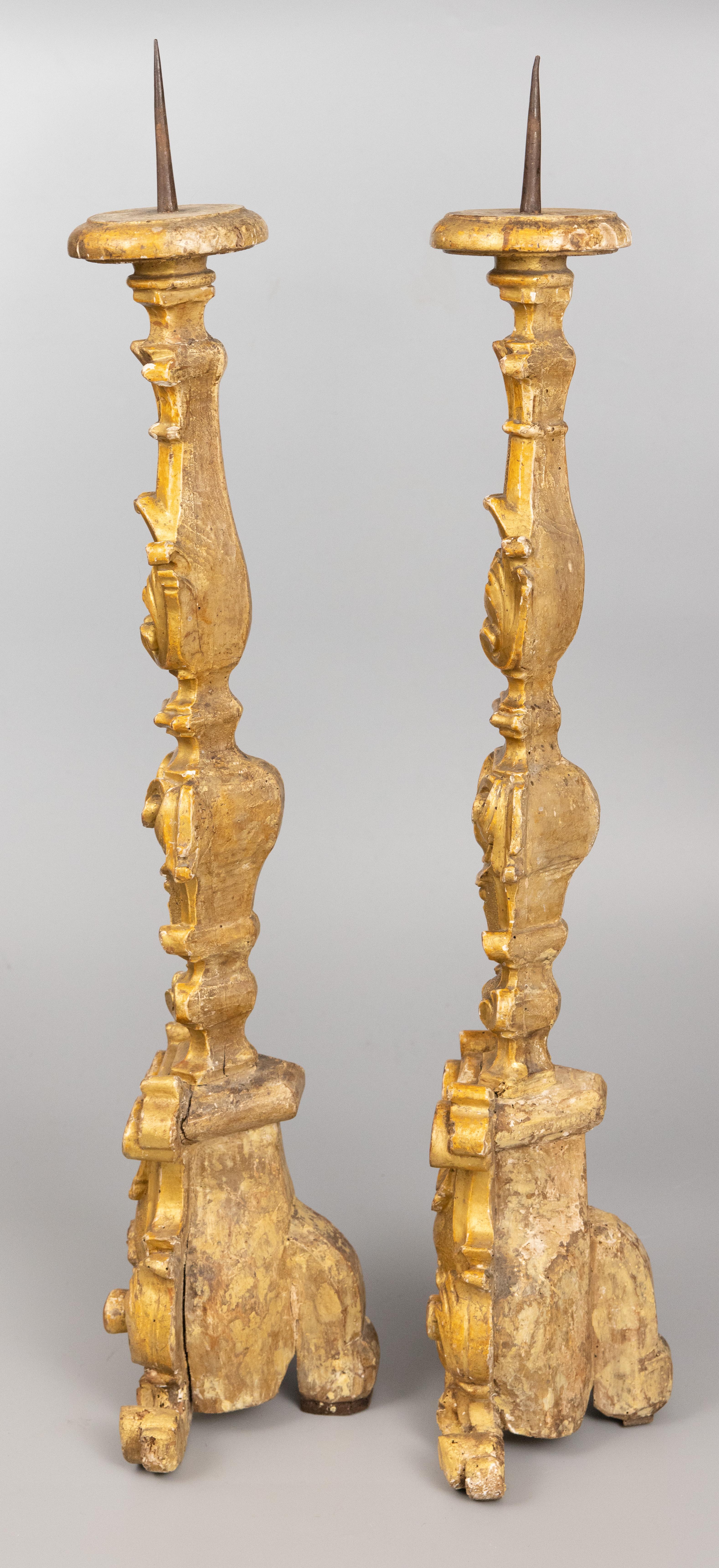 Pair of 19th C. Italian Giltwood Floor Pricket Candlesticks Torchieres For Sale 1