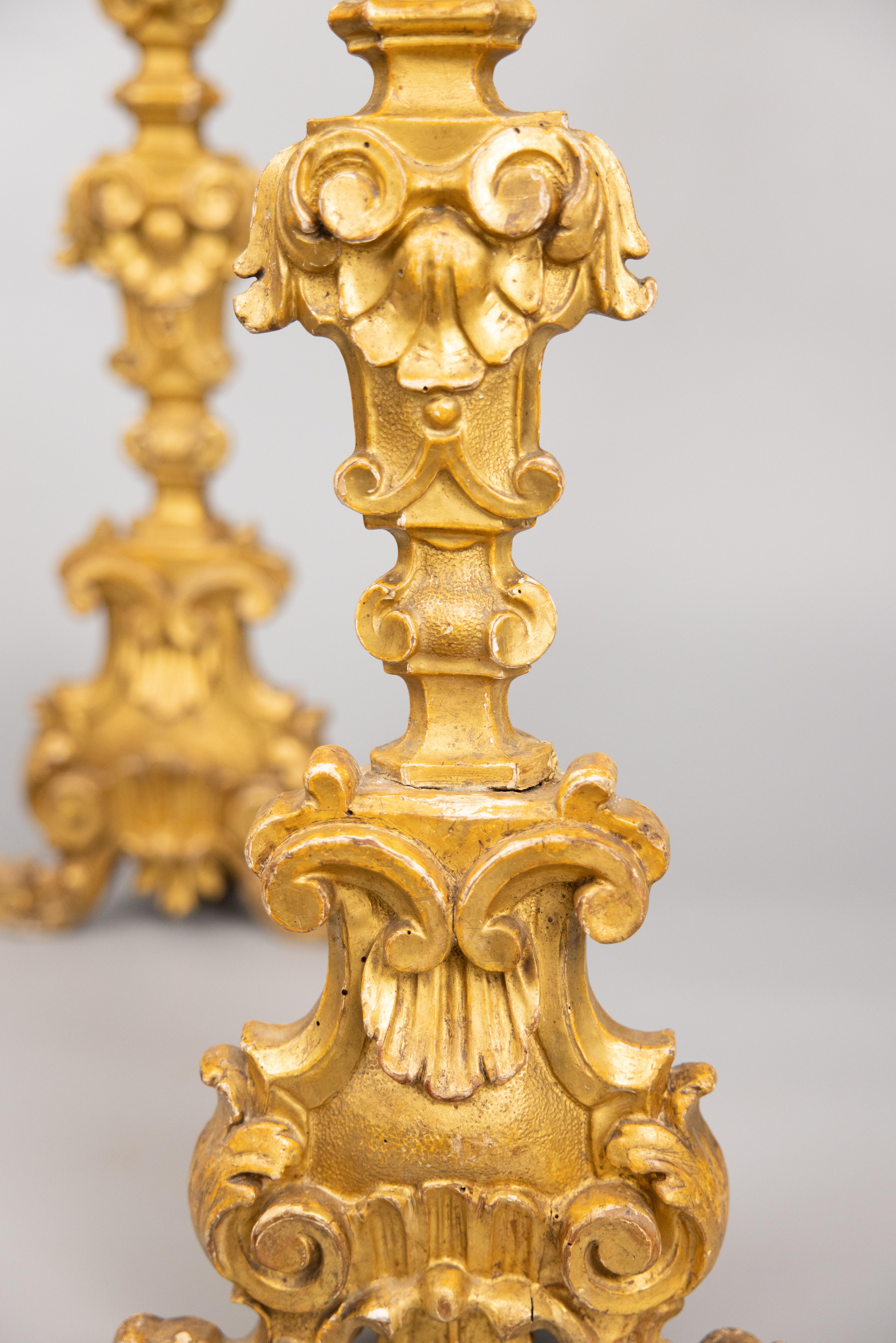 Pair of 19th C. Italian Giltwood Floor Pricket Candlesticks Torchieres For Sale 4