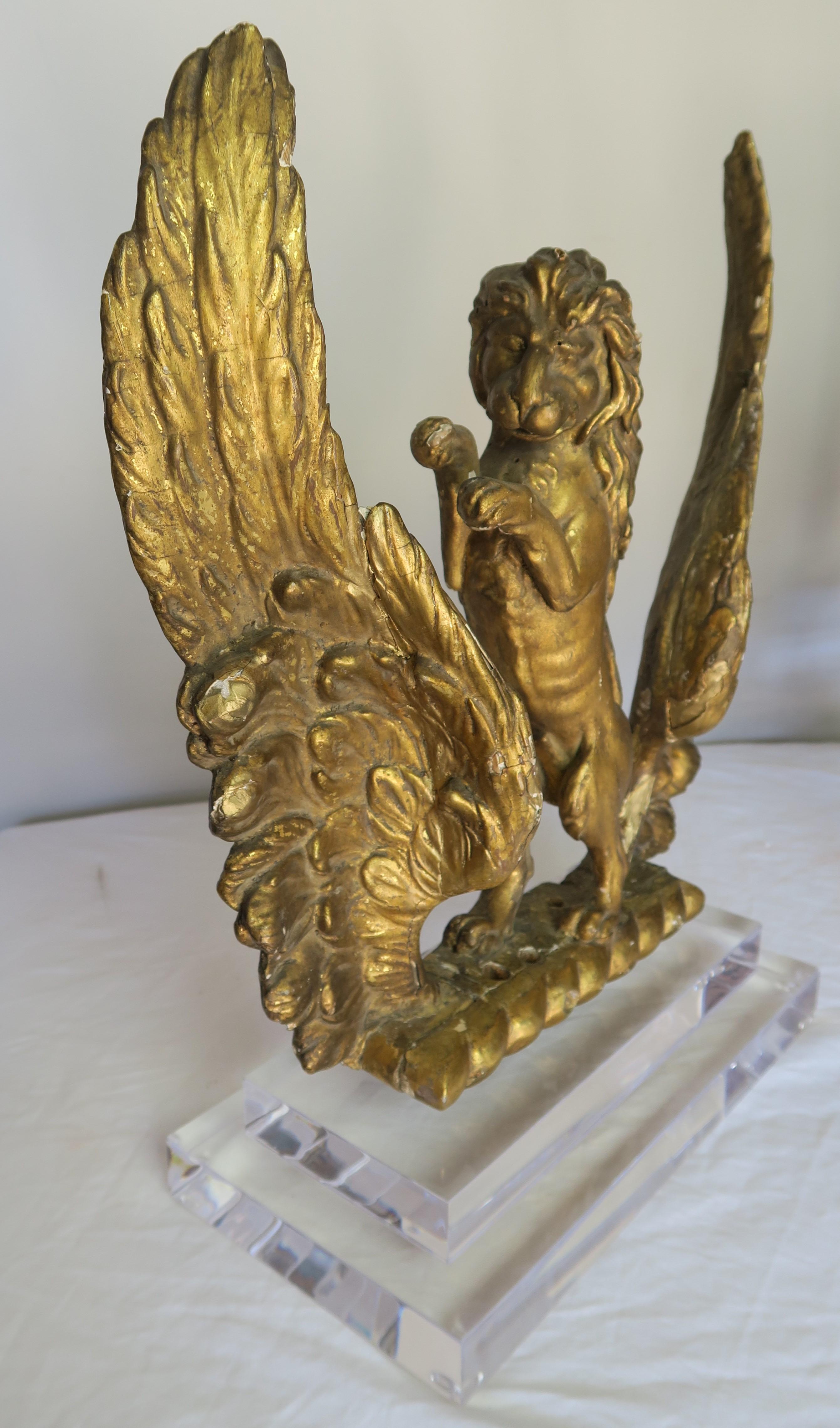 Pair of 19th Century Italian Giltwood Lions on Lucite Bases 5