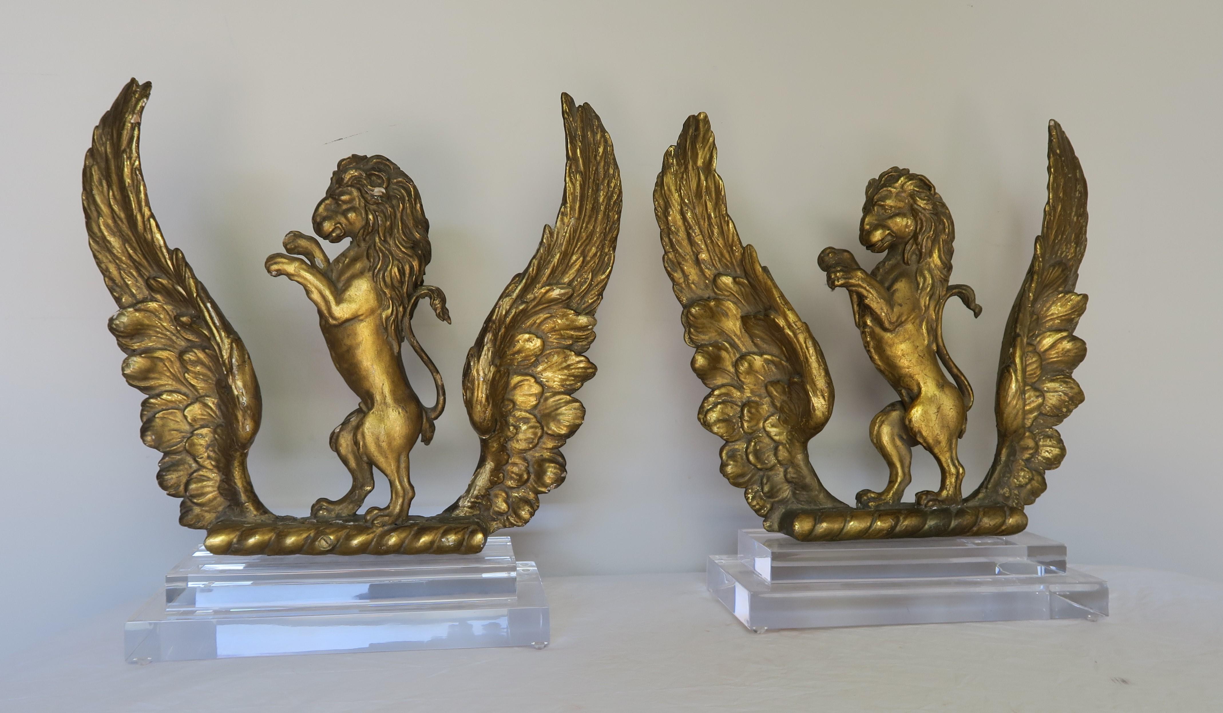 Pair of 19th Century Italian Giltwood Lions on Lucite Bases 7