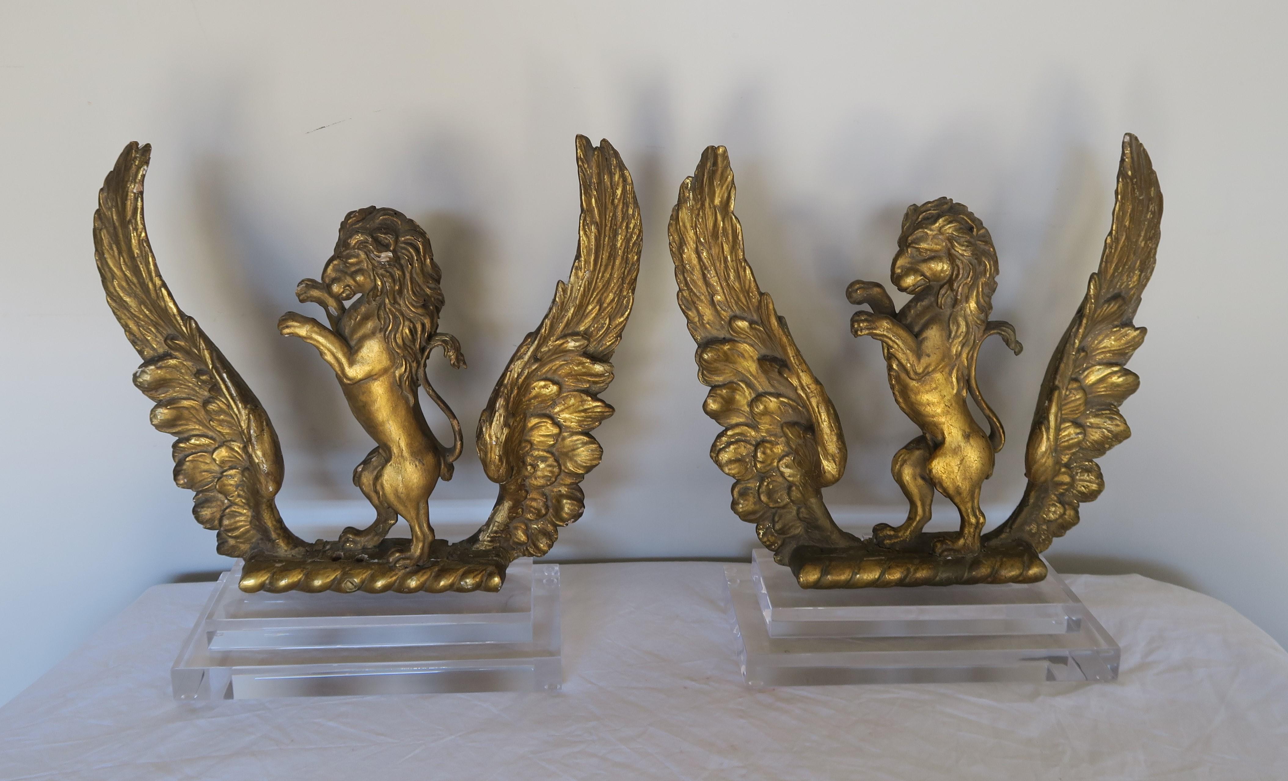 Pair of 19th century Italian hand carved 22-karat gold leaf standing lions flanked by a pair of wings. The beautiful giltwood objects have been mounted on rectangular step up Lucite bases.