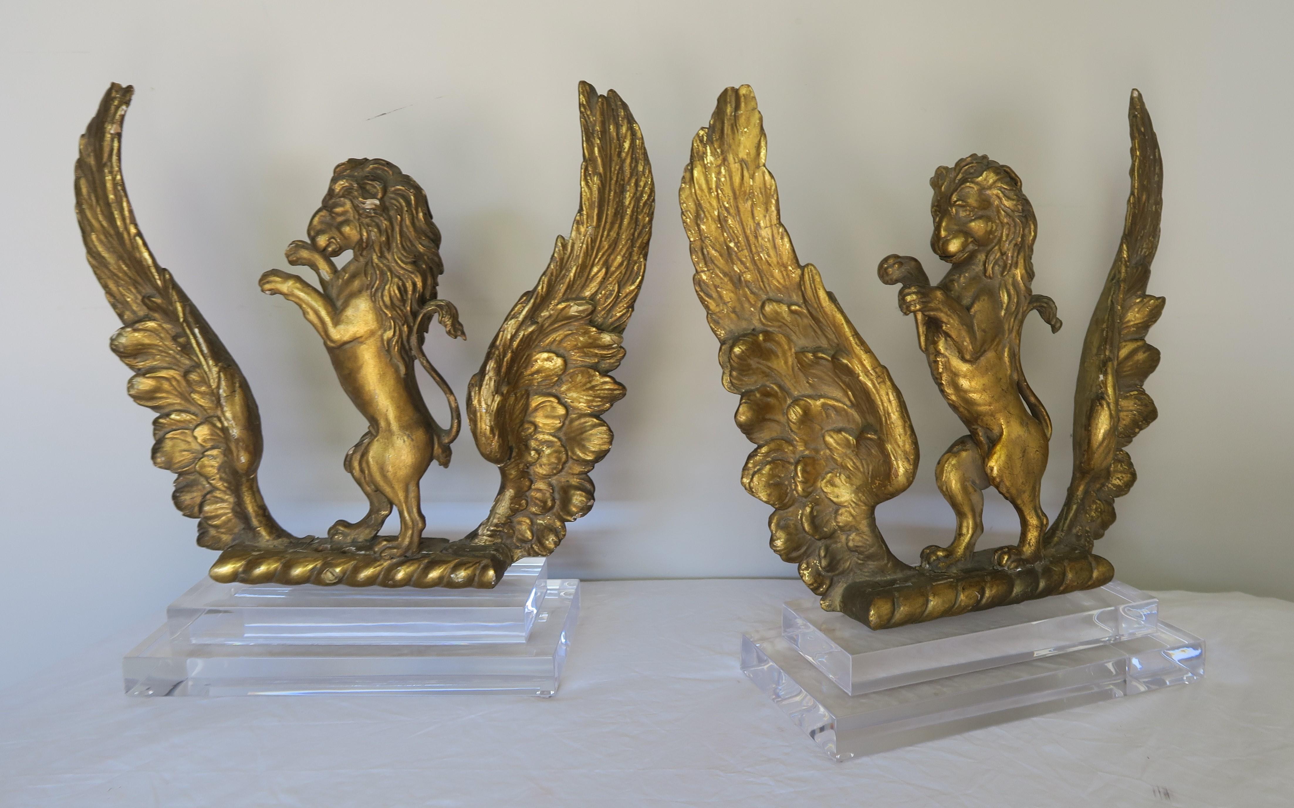 Pair of 19th Century Italian Giltwood Lions on Lucite Bases (Barock)