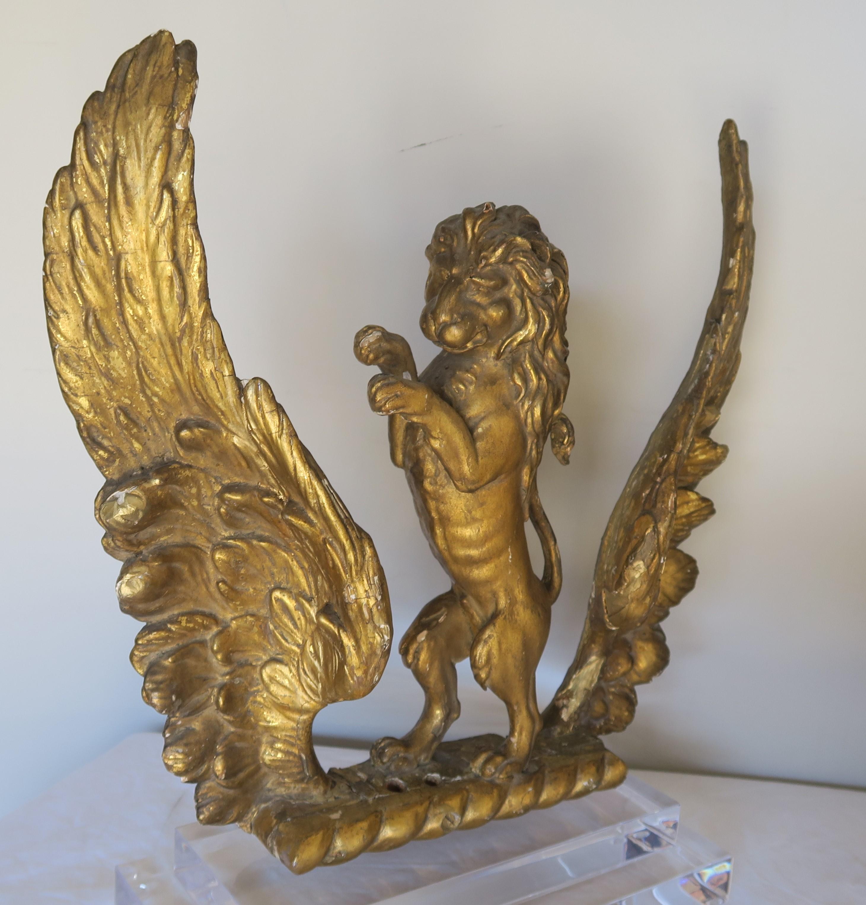 Pair of 19th Century Italian Giltwood Lions on Lucite Bases 1