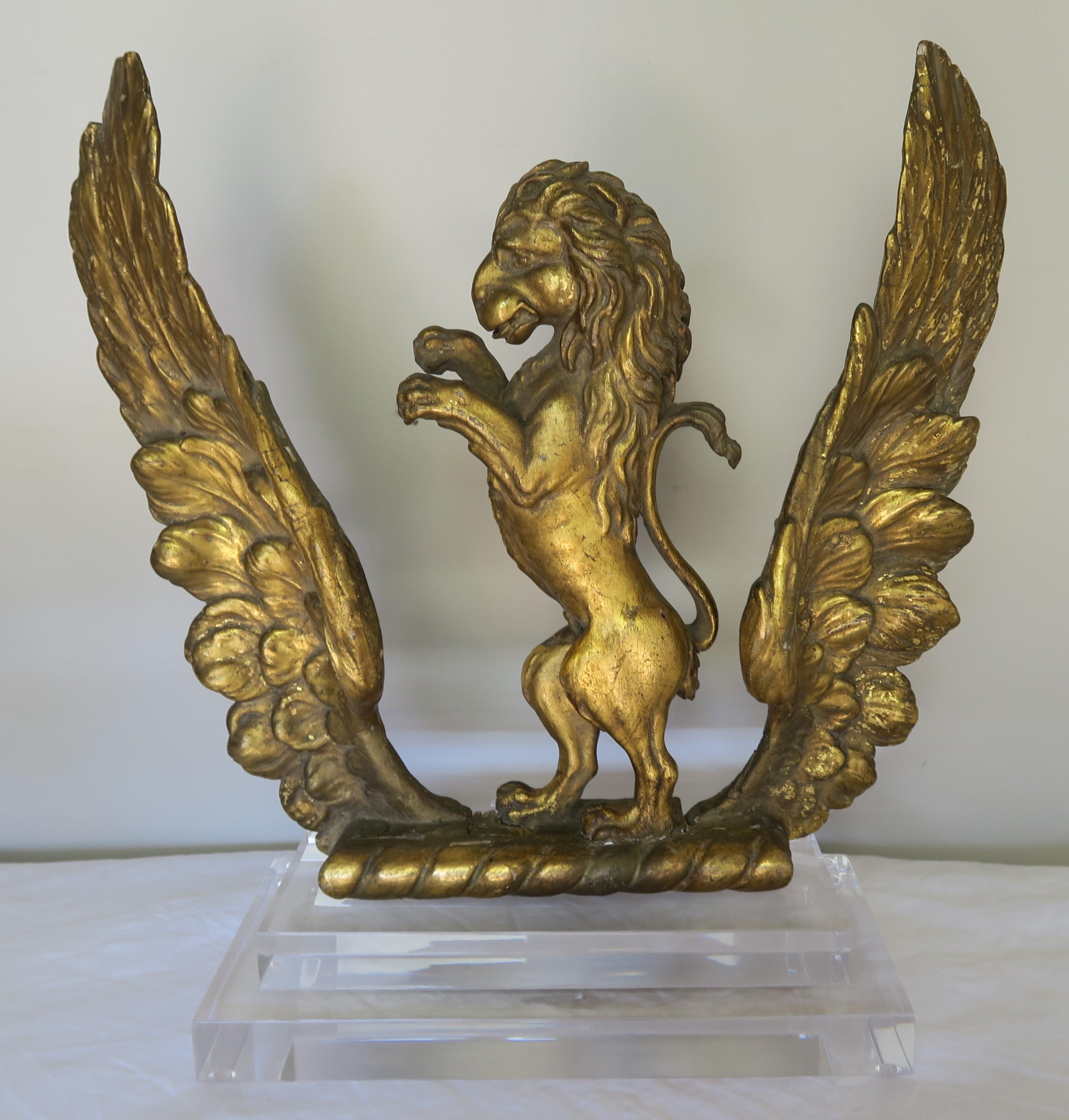 Pair of 19th Century Italian Giltwood Lions on Lucite Bases 3