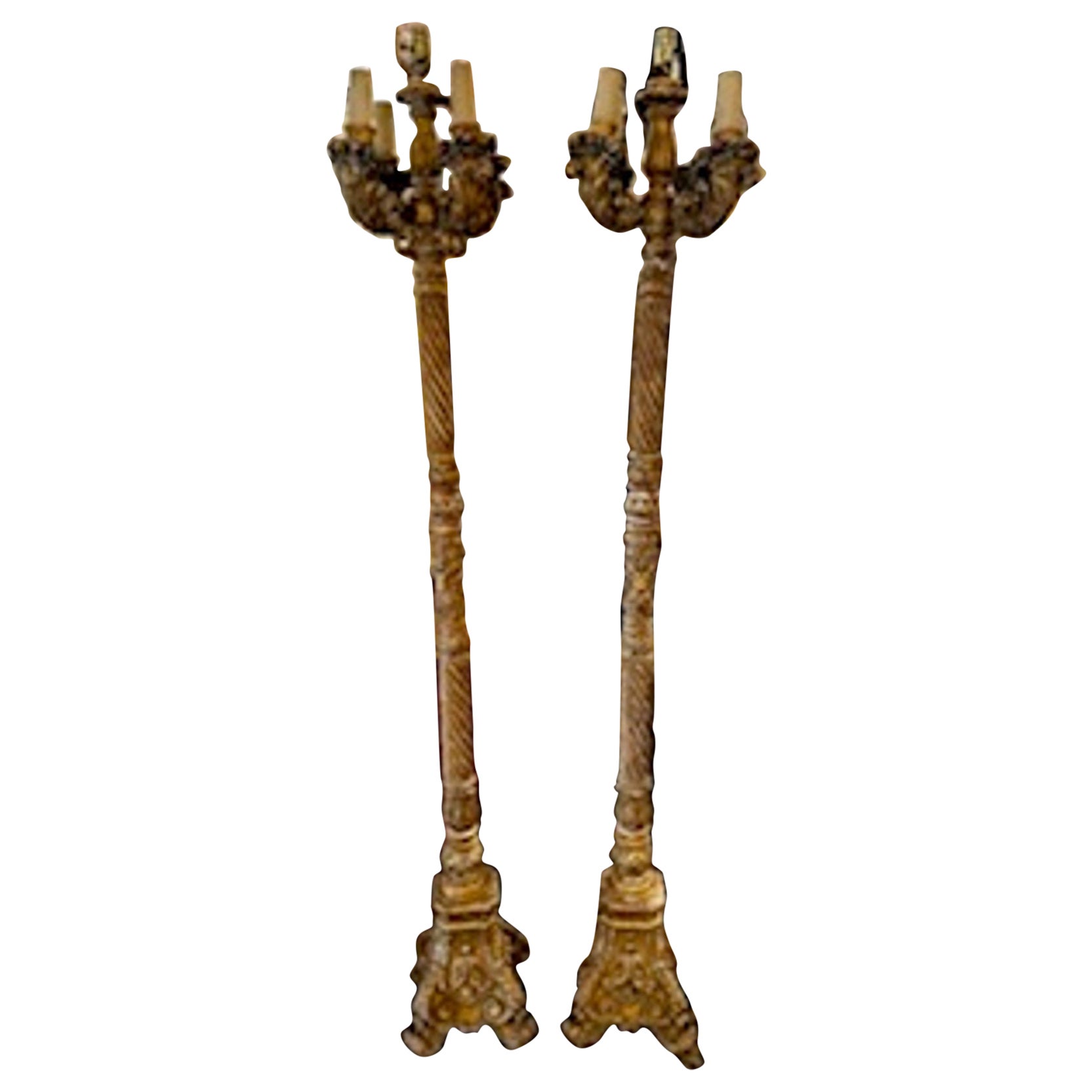 Pair of 19th c. Italian Giltwood Torchieres Floor Lamps For Sale