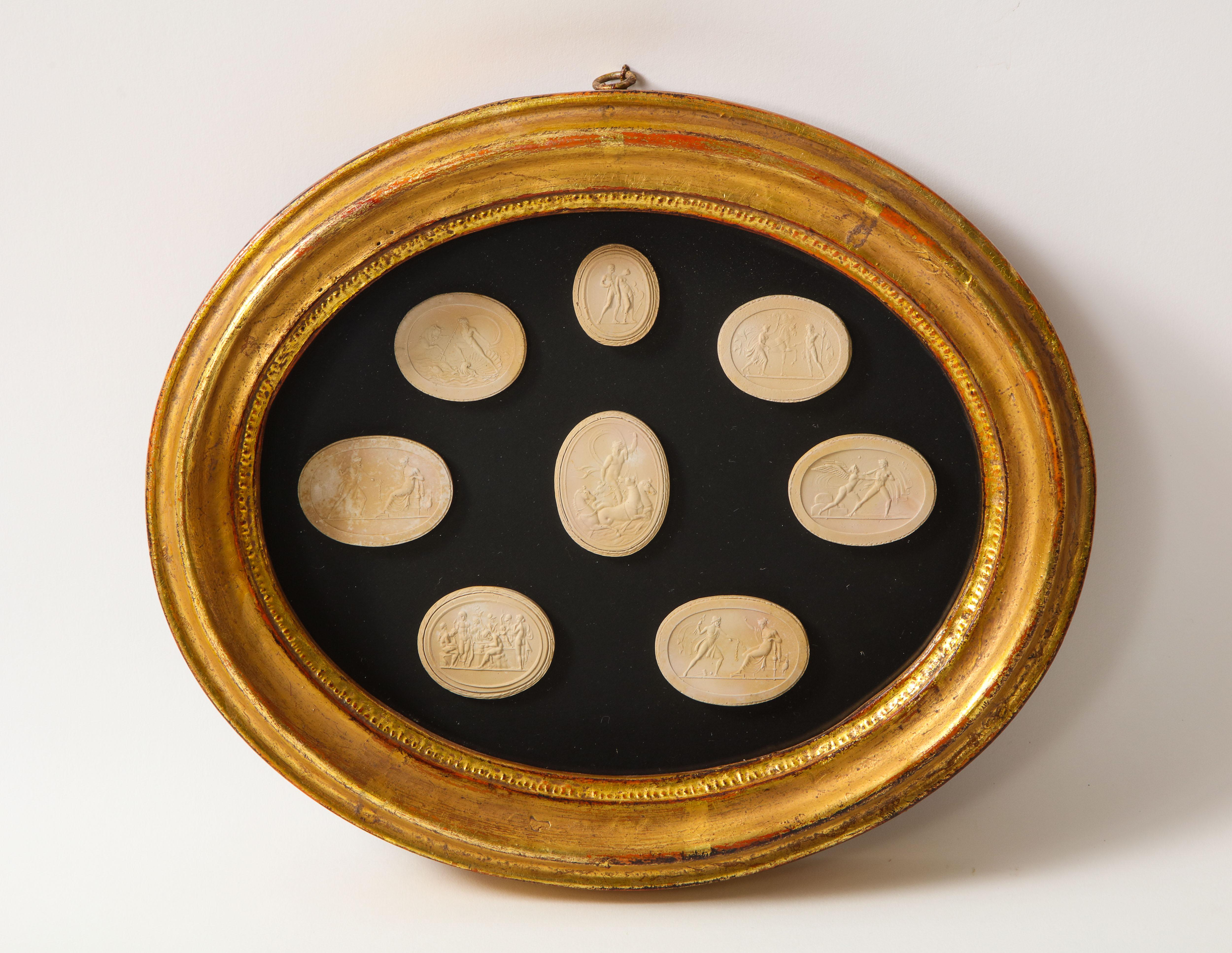 Hand-Carved Pair of 19th Century Italian Grand Tour Plaster Intaglios in Gilt Oval Frames