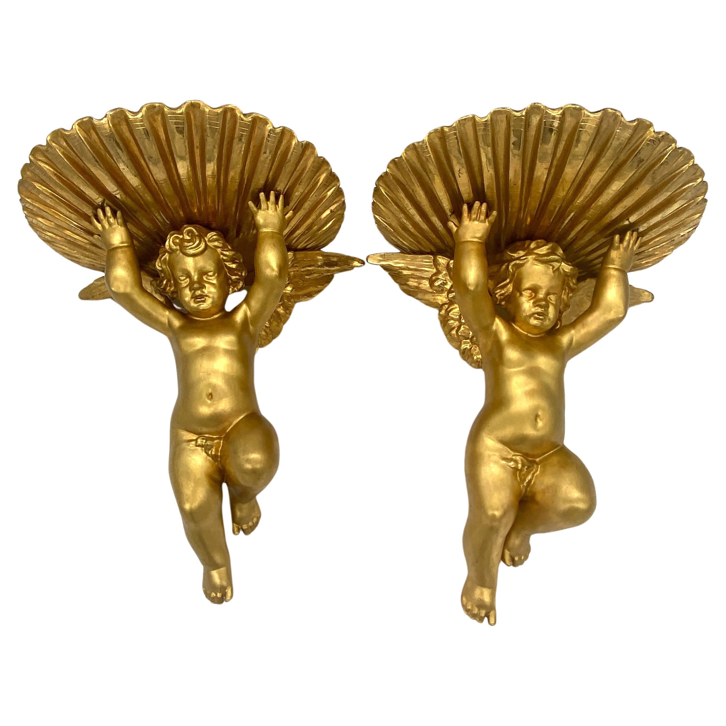 Pair of 19th C. Italian Grotto Carved Giltwood Putti & Shell Wall Brackets For Sale