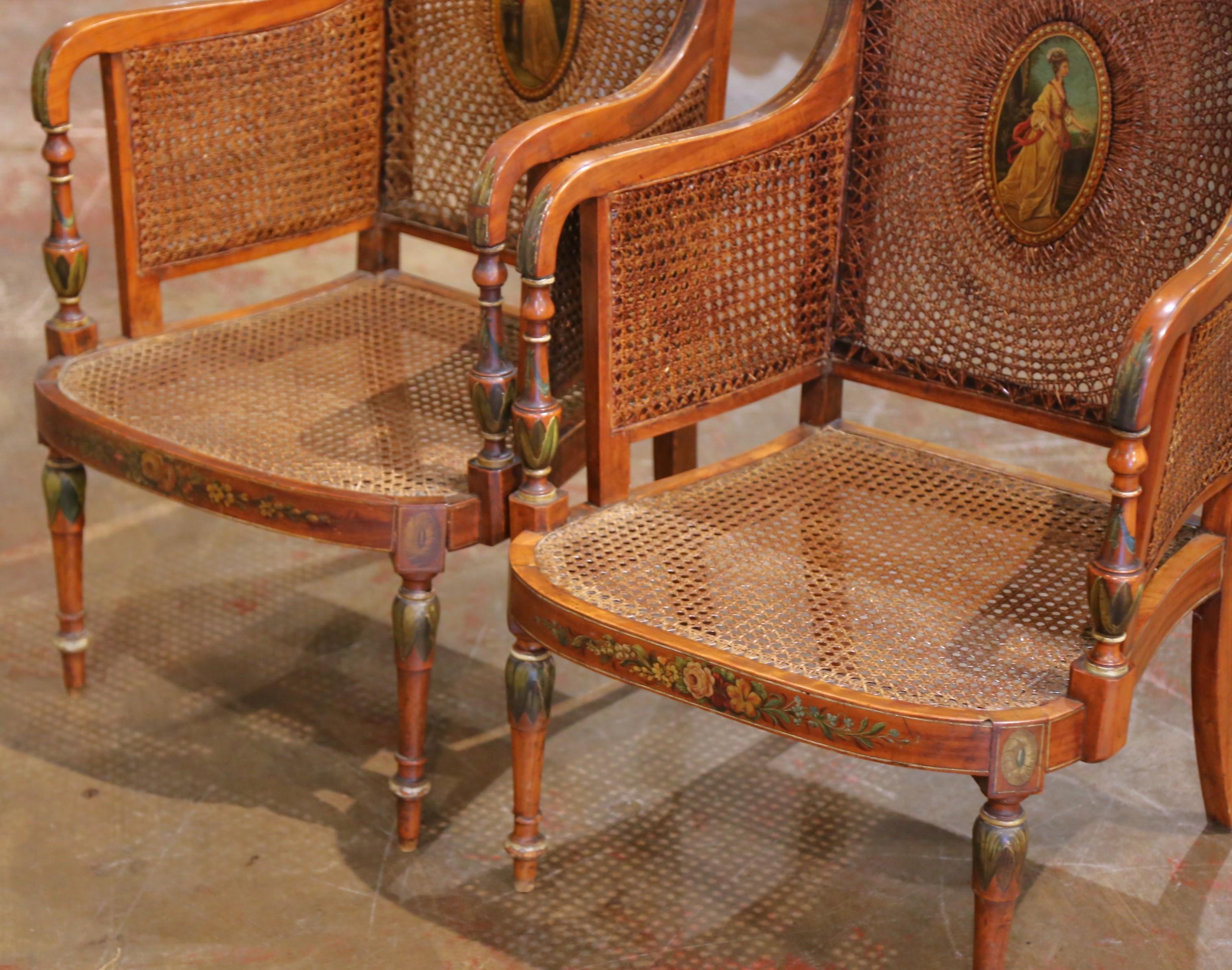 Pair of 19th C. Italian Neoclassical Hand-Painted Caned Armchairs with Portraits For Sale 5