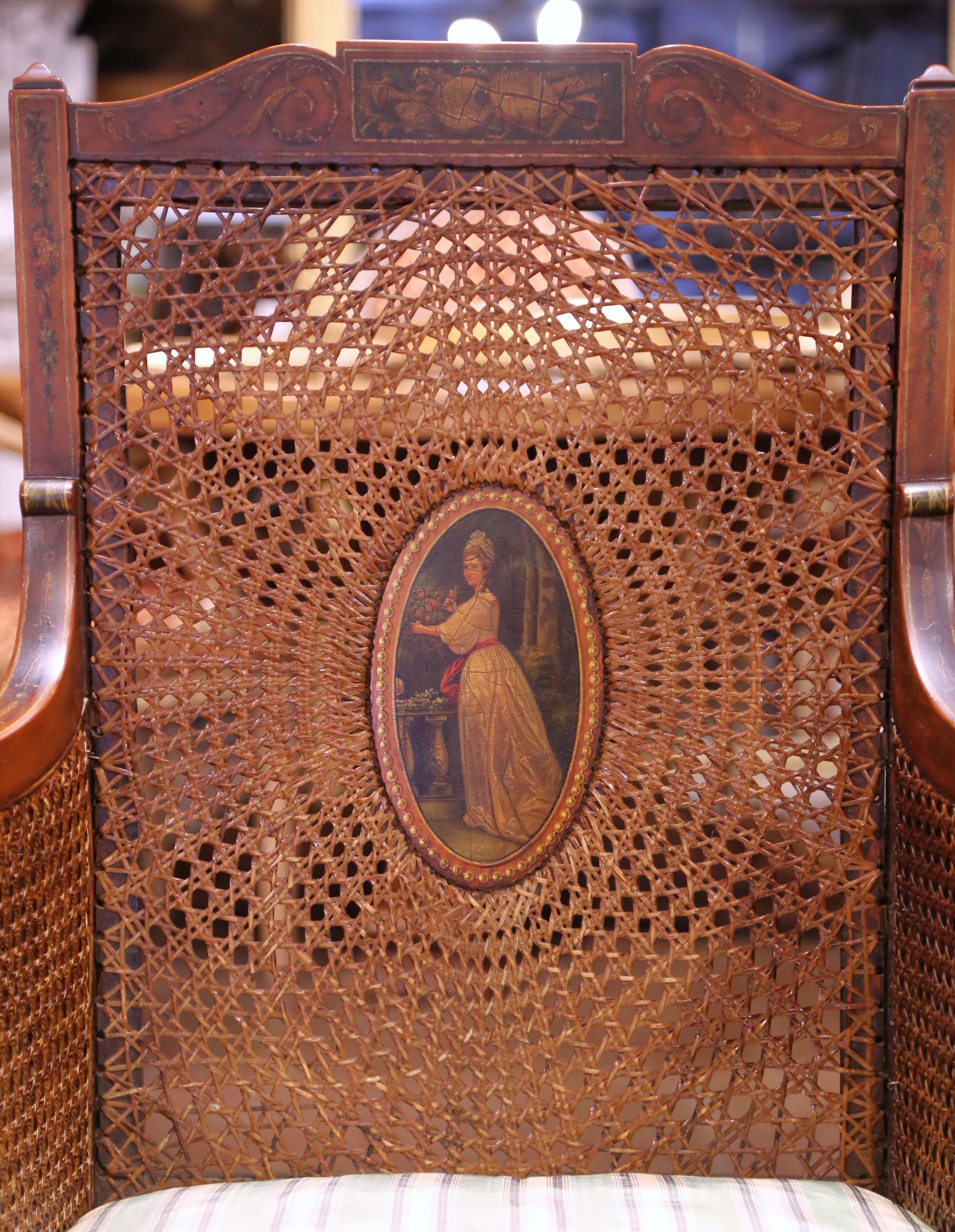 Pair of 19th C. Italian Neoclassical Hand-Painted Caned Armchairs with Portraits In Good Condition For Sale In Dallas, TX