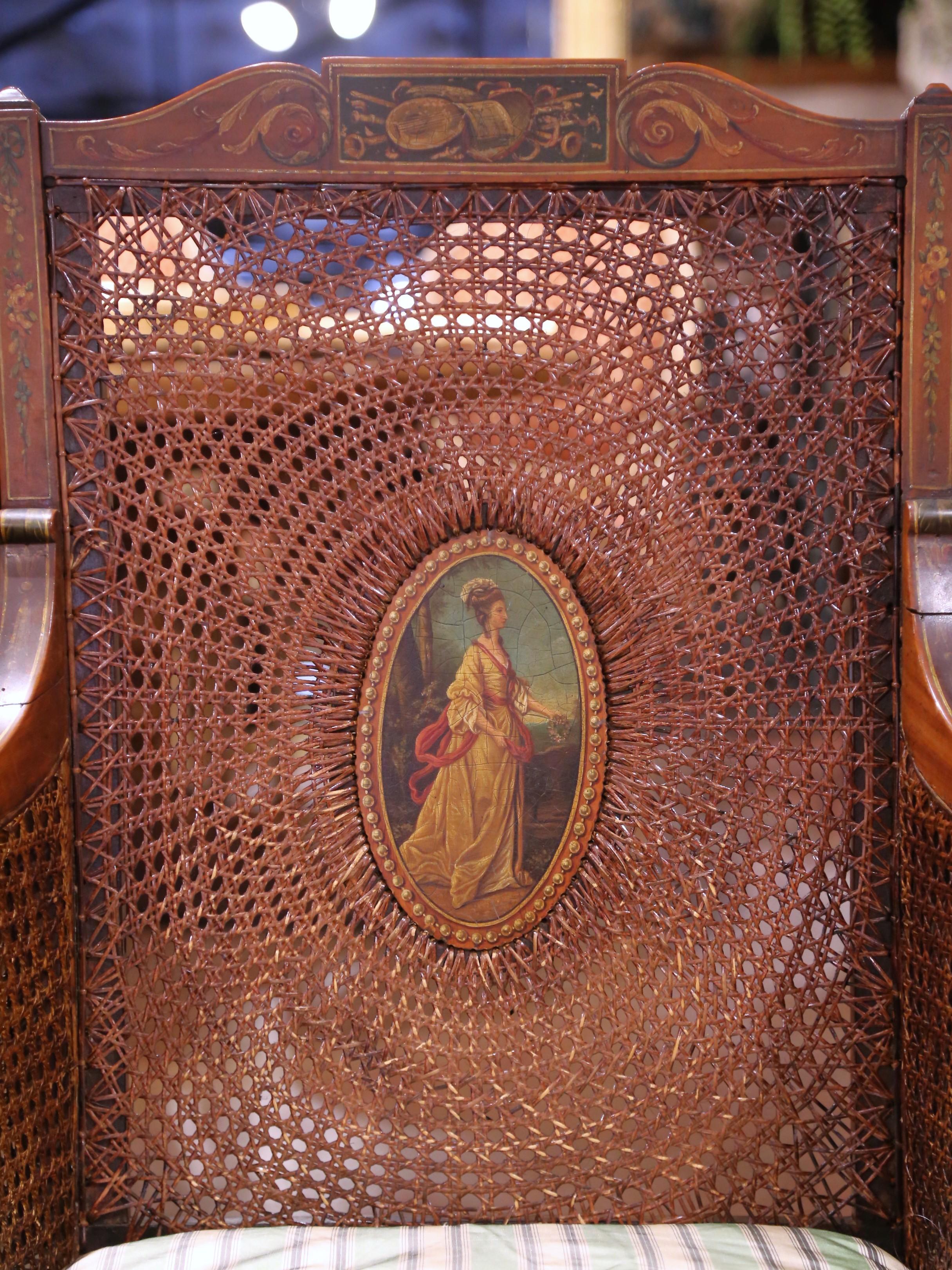 19th Century Pair of 19th C. Italian Neoclassical Hand-Painted Caned Armchairs with Portraits For Sale