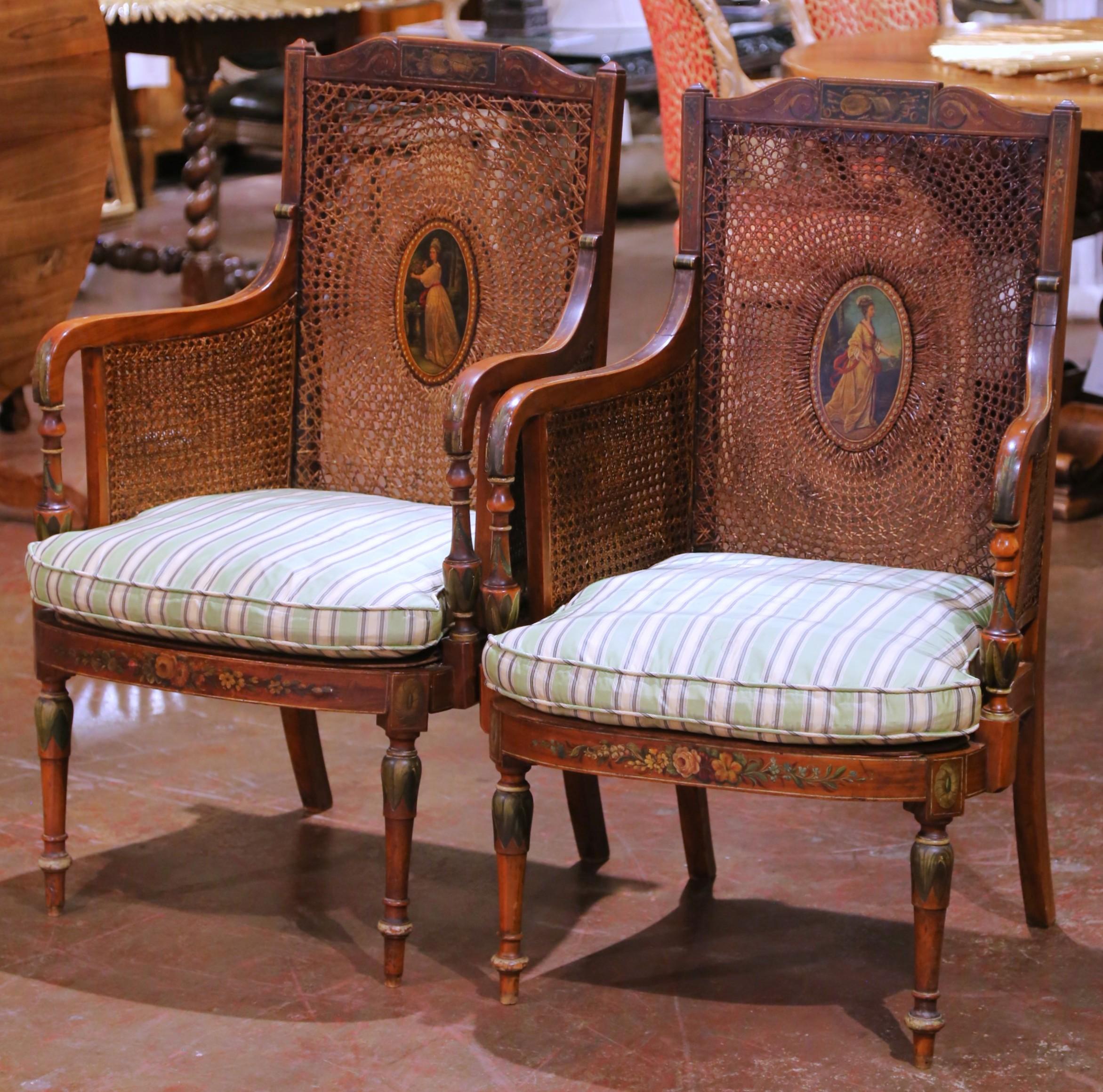 Pair of 19th C. Italian Neoclassical Hand-Painted Caned Armchairs with Portraits For Sale 1