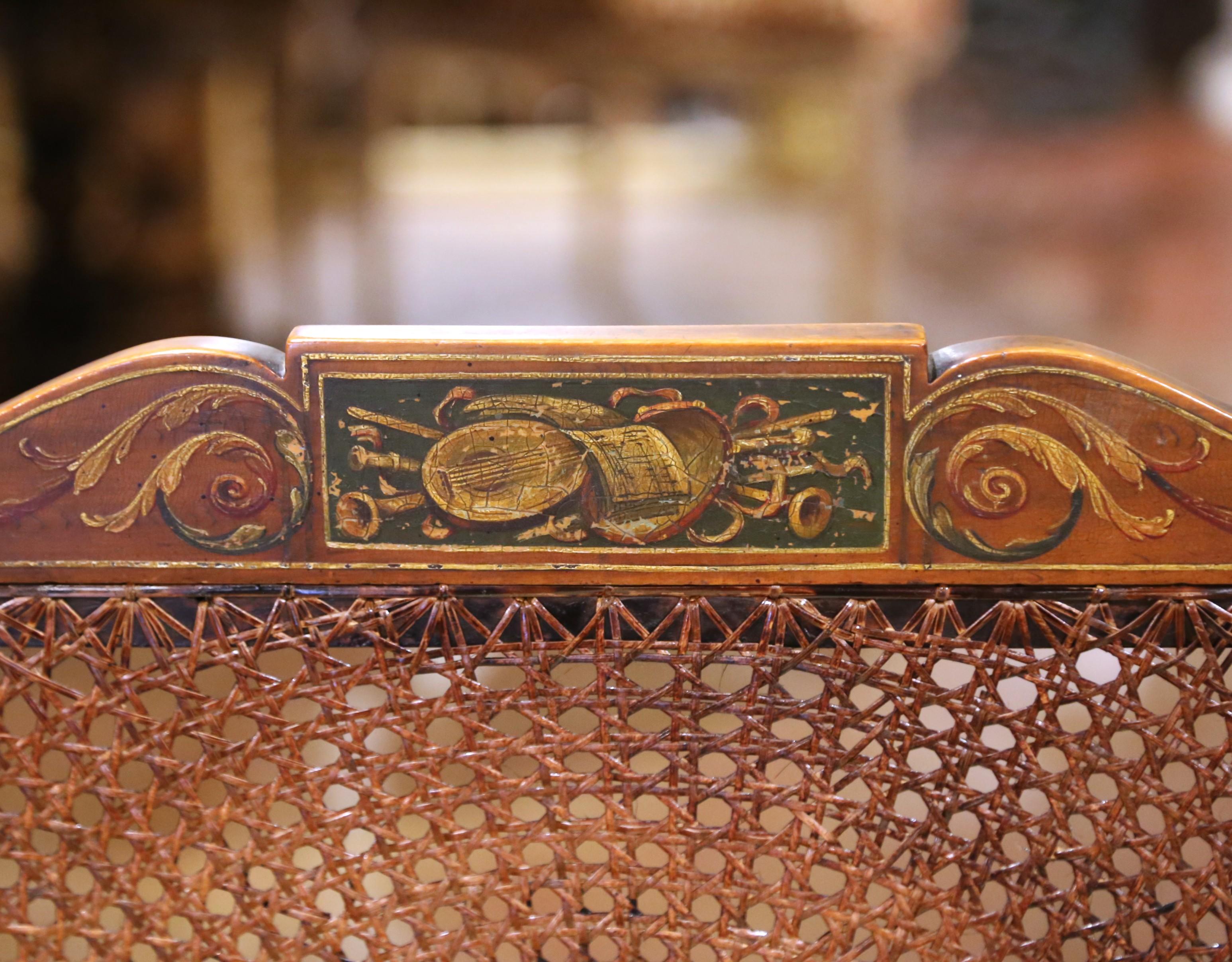 Pair of 19th C. Italian Neoclassical Hand-Painted Caned Armchairs with Portraits For Sale 2
