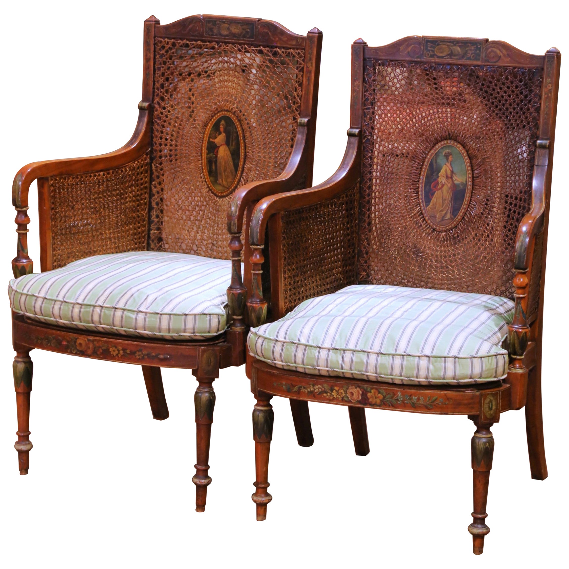 Pair of 19th C. Italian Neoclassical Hand-Painted Caned Armchairs with Portraits For Sale