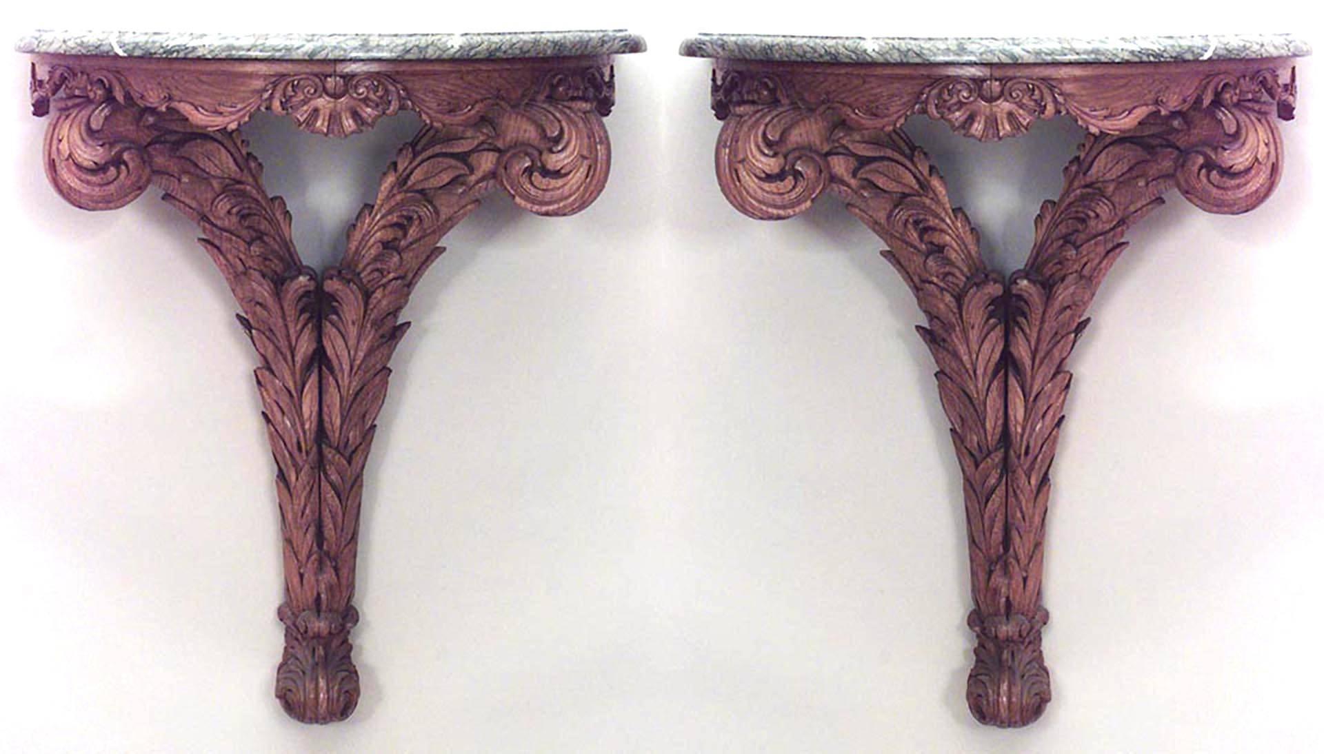 Pair of Italian Neo-classic-style (19th Century) stained pine half round bracket console tables with palm design and green marble top. (PRICED AS Pair)
