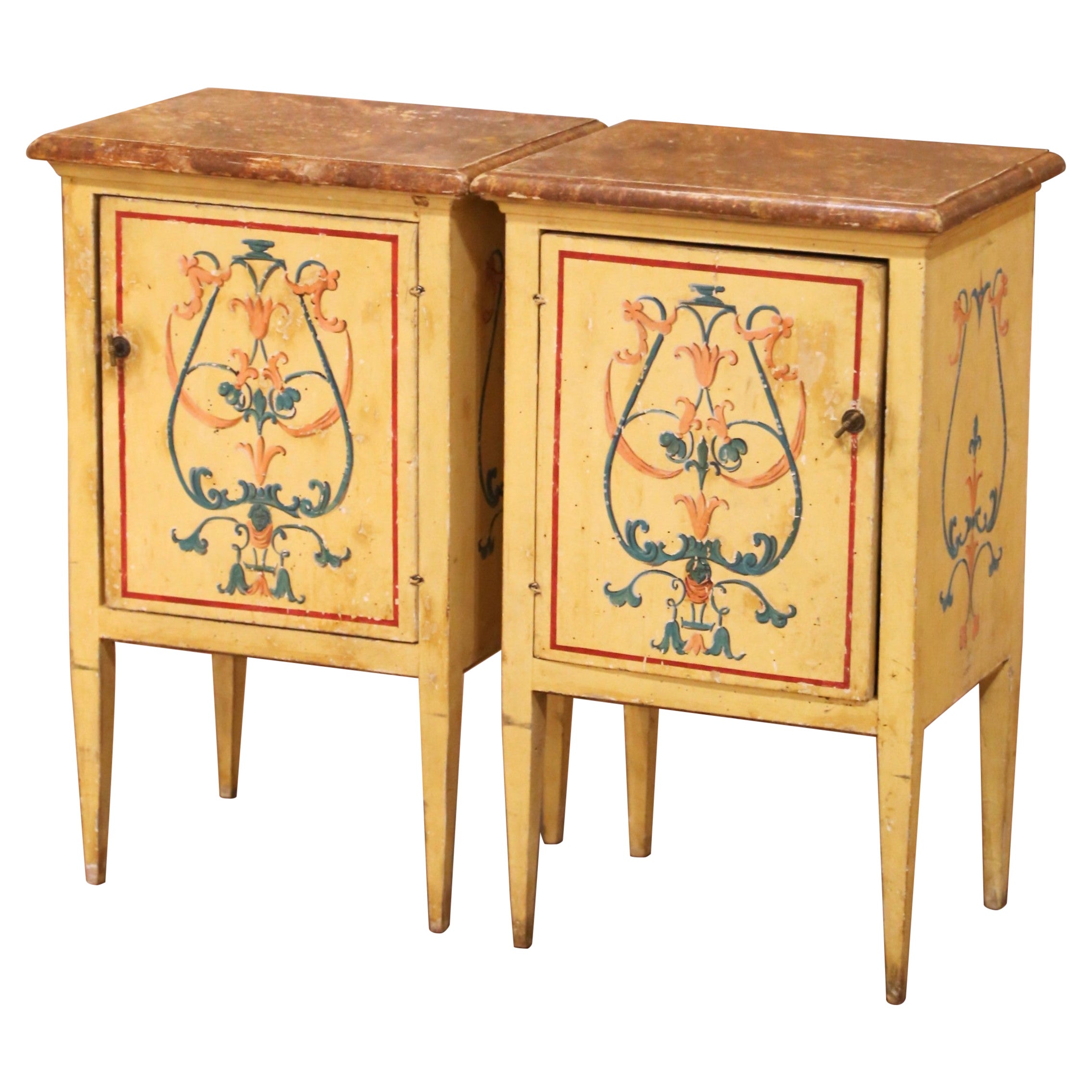 Pair of 19th C. Italian Neoclassical Painted Nightstands with Faux Marble Tops
