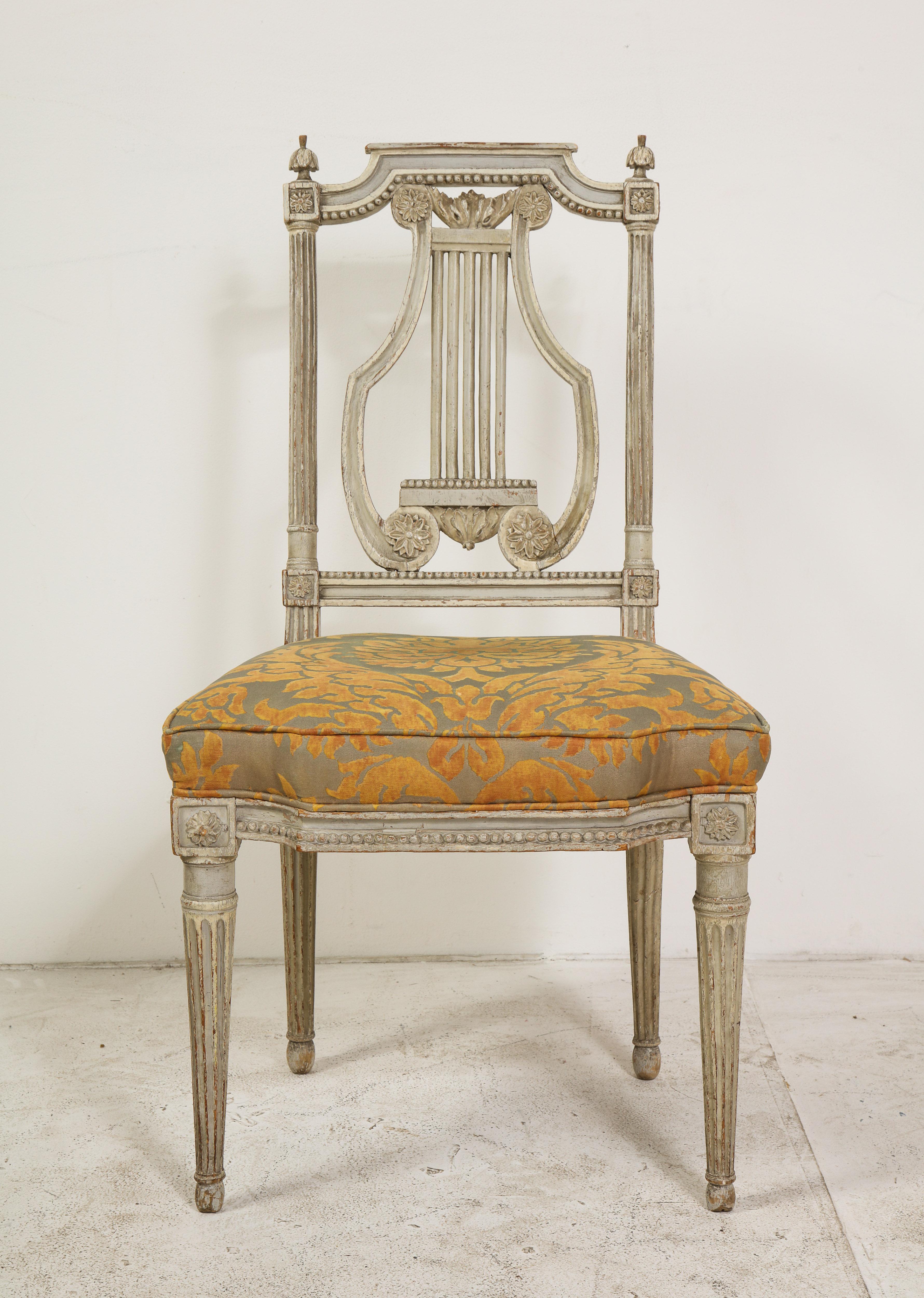 Pair of 19th Century Italian Painted Lyre-Back Chairs with Fortuny Seat Cushions 5
