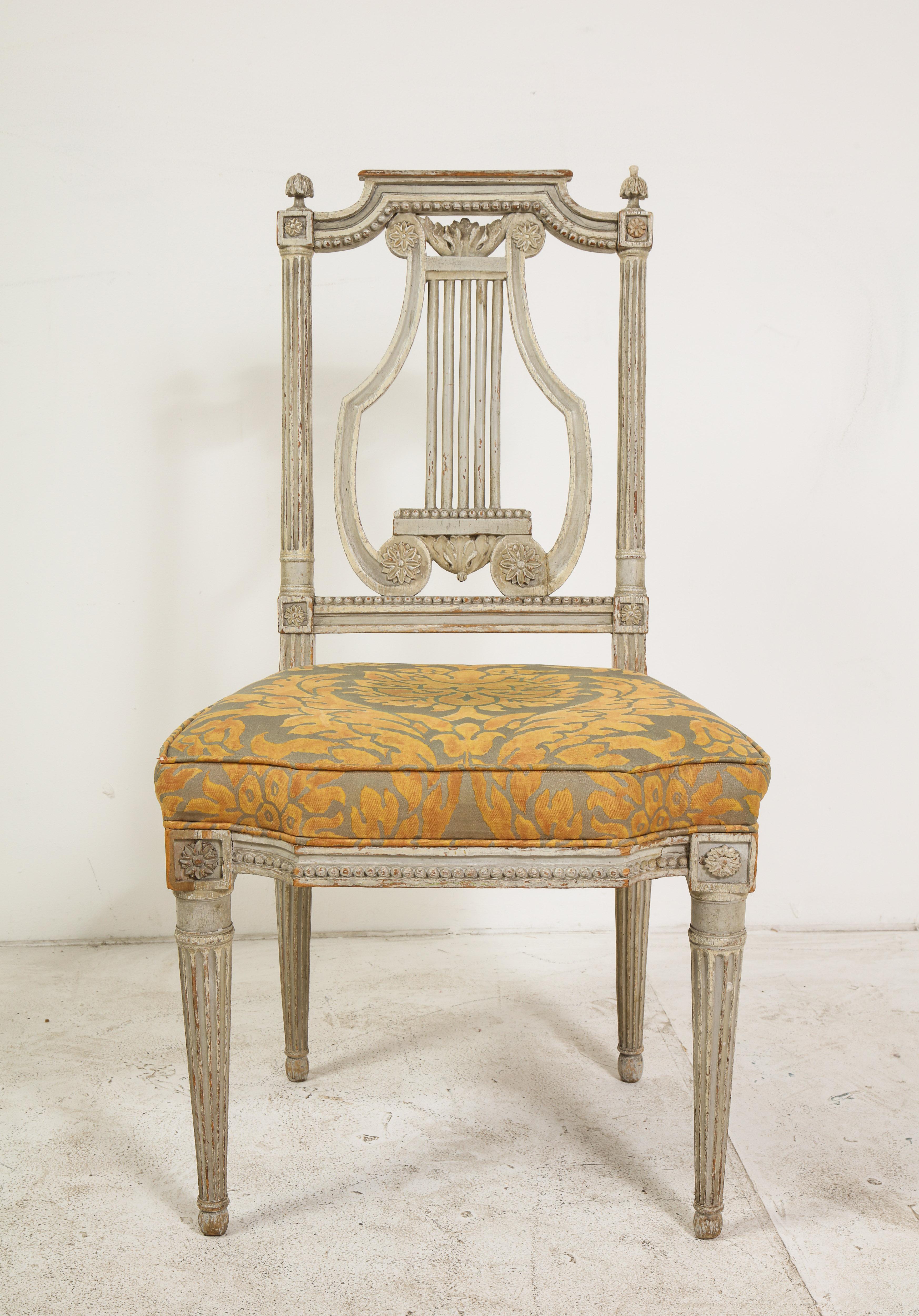 Pair of 19th Century Italian Painted Lyre-Back Chairs with Fortuny Seat Cushions 6