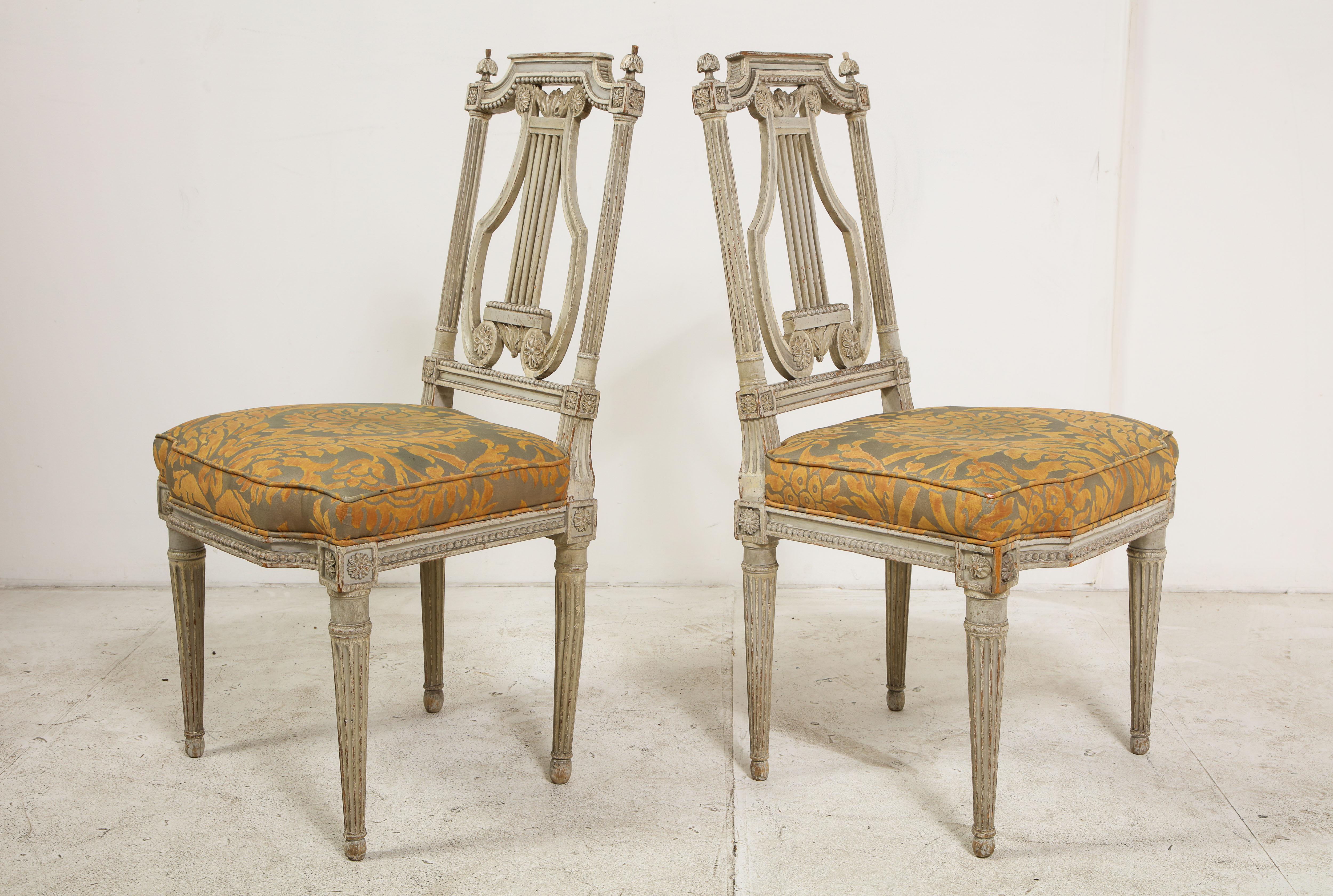 Pair of 19th Century Italian Painted Lyre-Back Chairs with Fortuny Seat Cushions 13