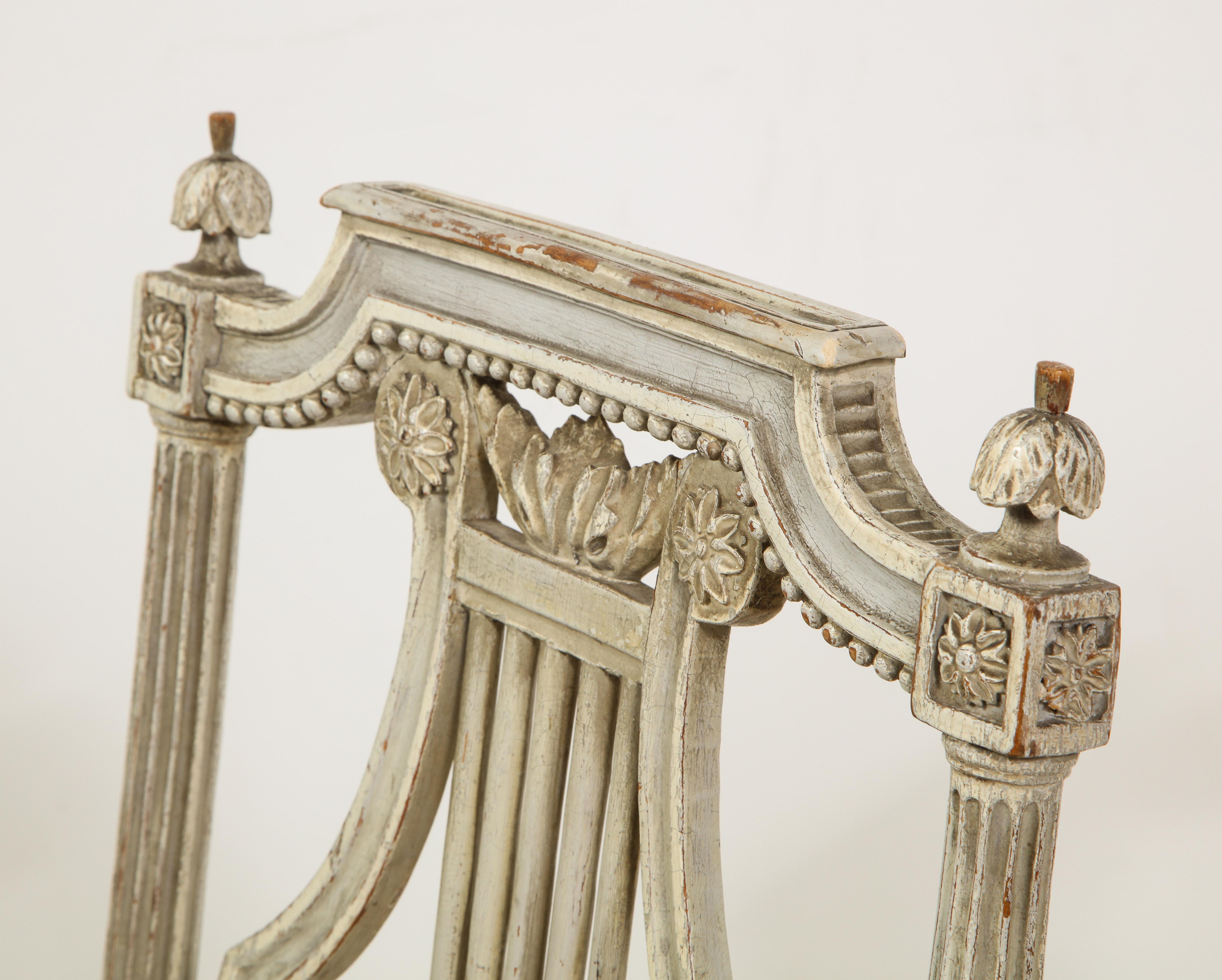 Belle Époque Pair of 19th Century Italian Painted Lyre-Back Chairs with Fortuny Seat Cushions
