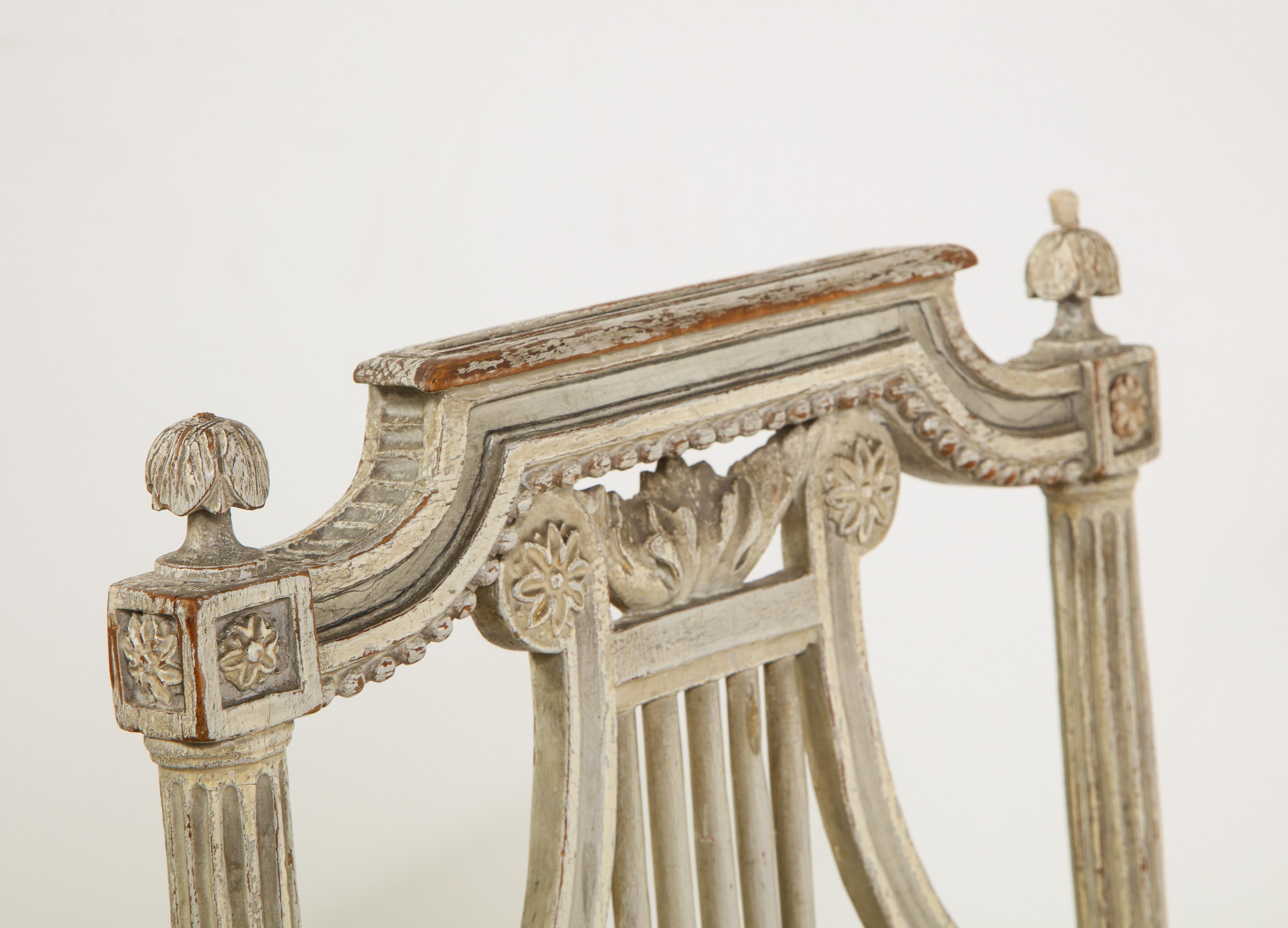 Hand-Painted Pair of 19th Century Italian Painted Lyre-Back Chairs with Fortuny Seat Cushions