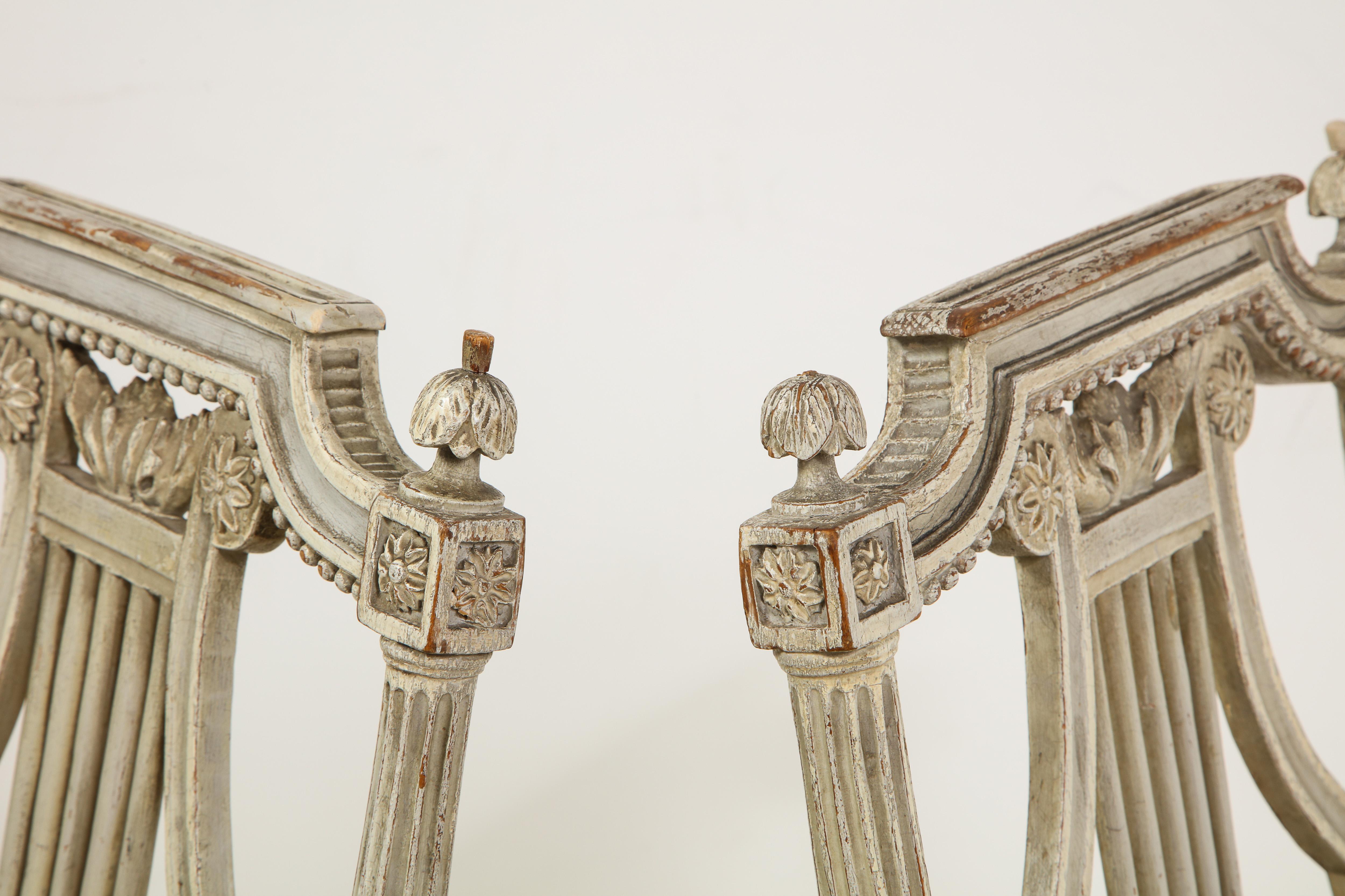 Pair of 19th Century Italian Painted Lyre-Back Chairs with Fortuny Seat Cushions In Good Condition In Chicago, IL