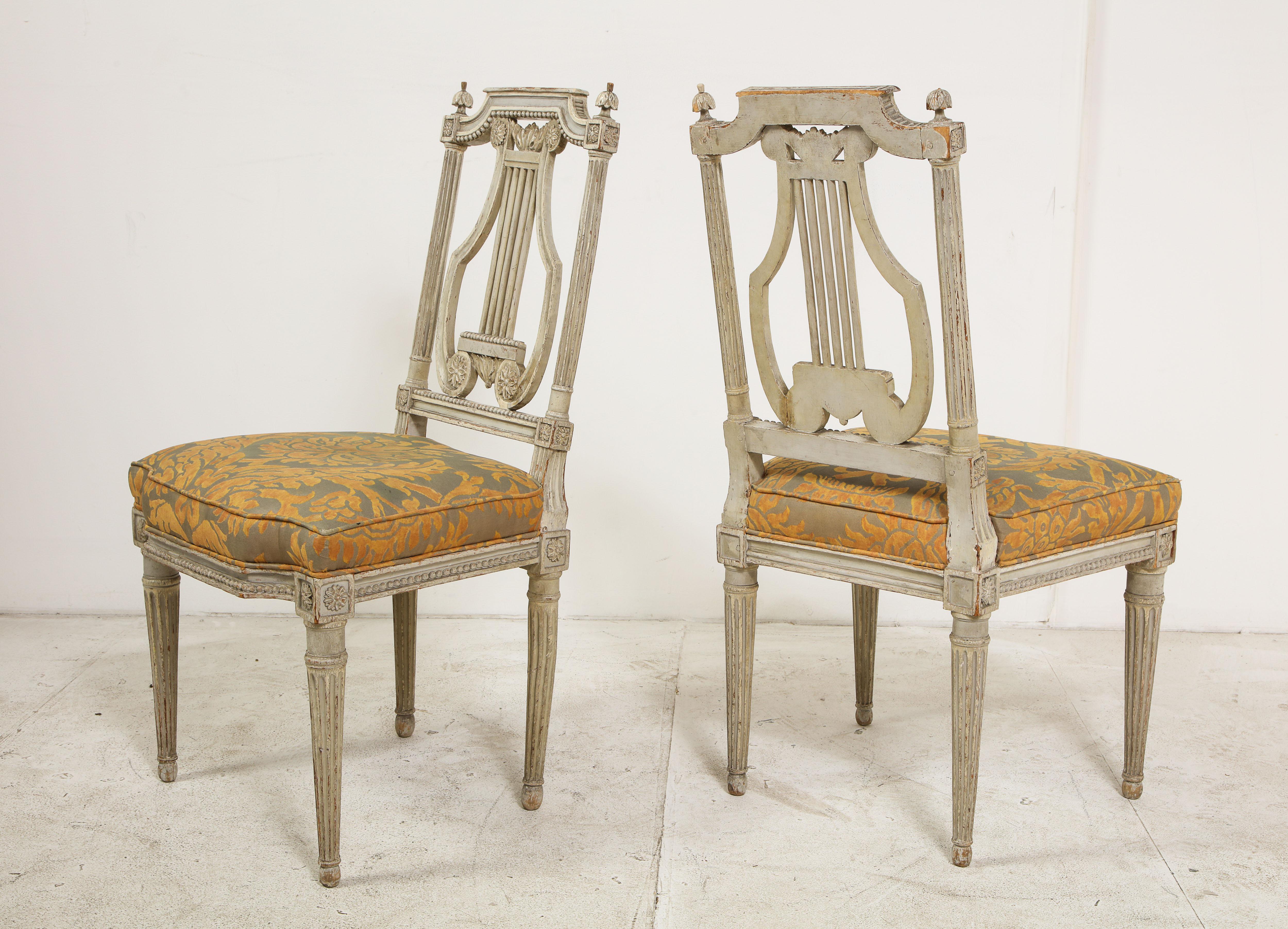 Damask Pair of 19th Century Italian Painted Lyre-Back Chairs with Fortuny Seat Cushions