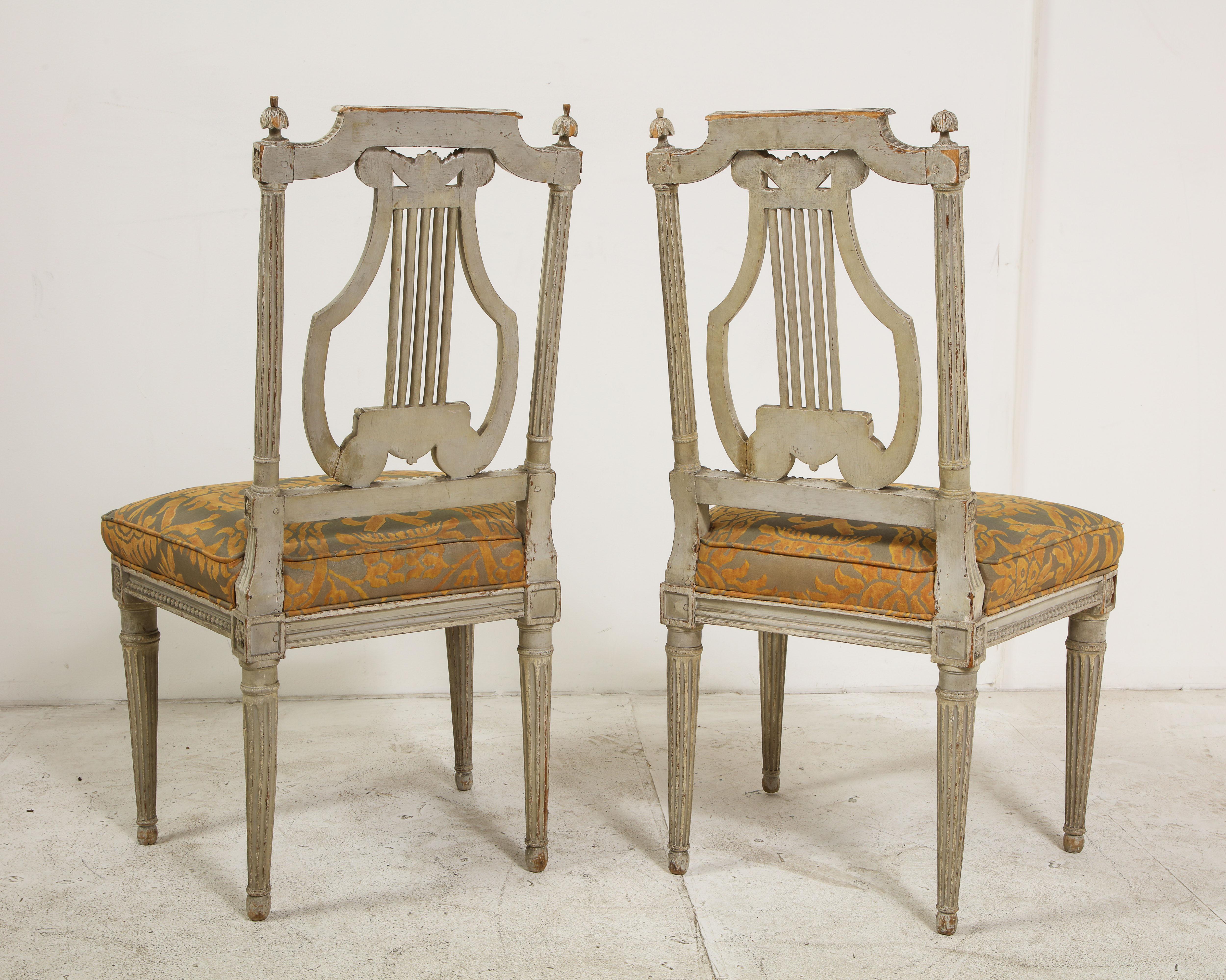 Pair of 19th Century Italian Painted Lyre-Back Chairs with Fortuny Seat Cushions 1