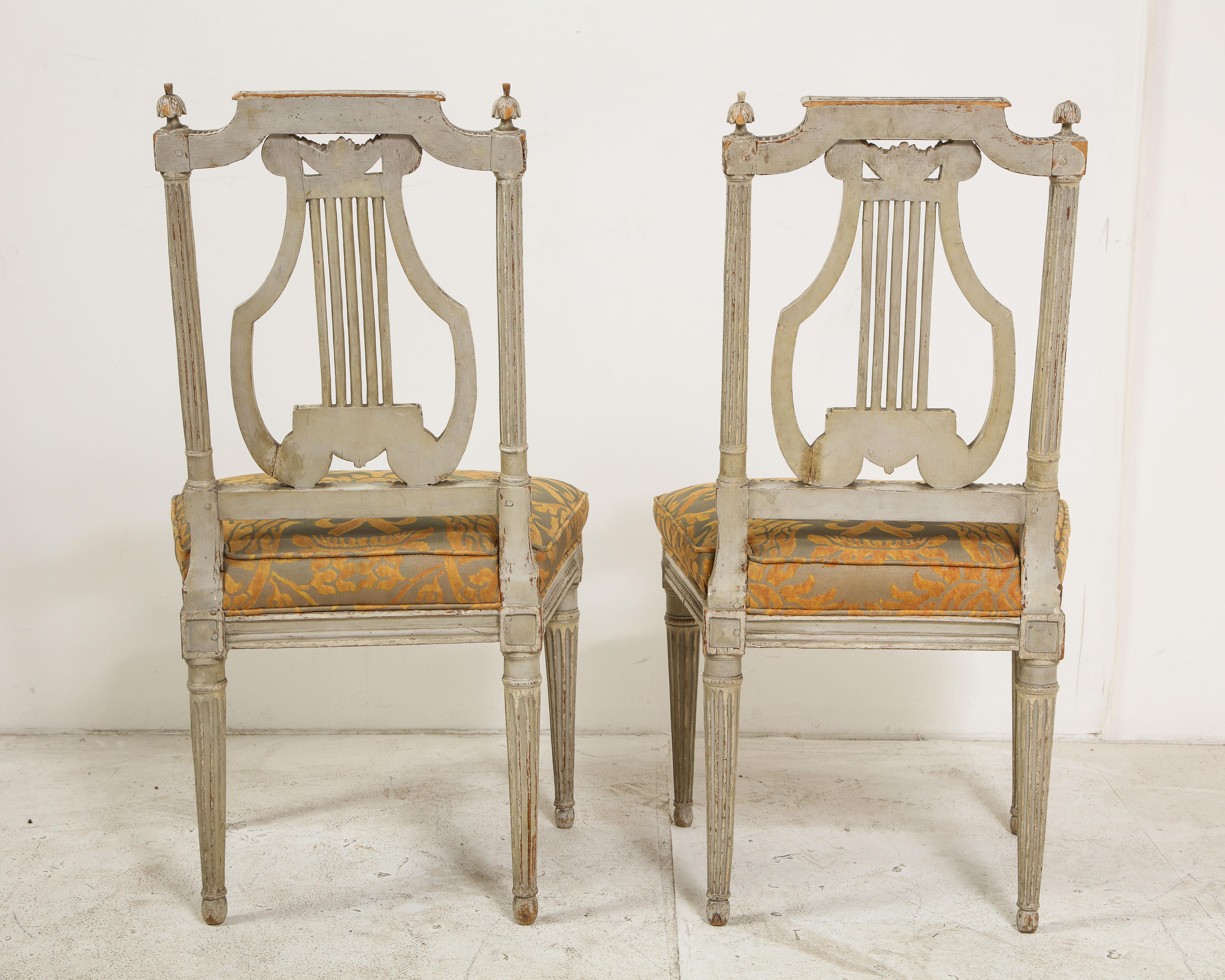 Pair of 19th Century Italian Painted Lyre-Back Chairs with Fortuny Seat Cushions 2