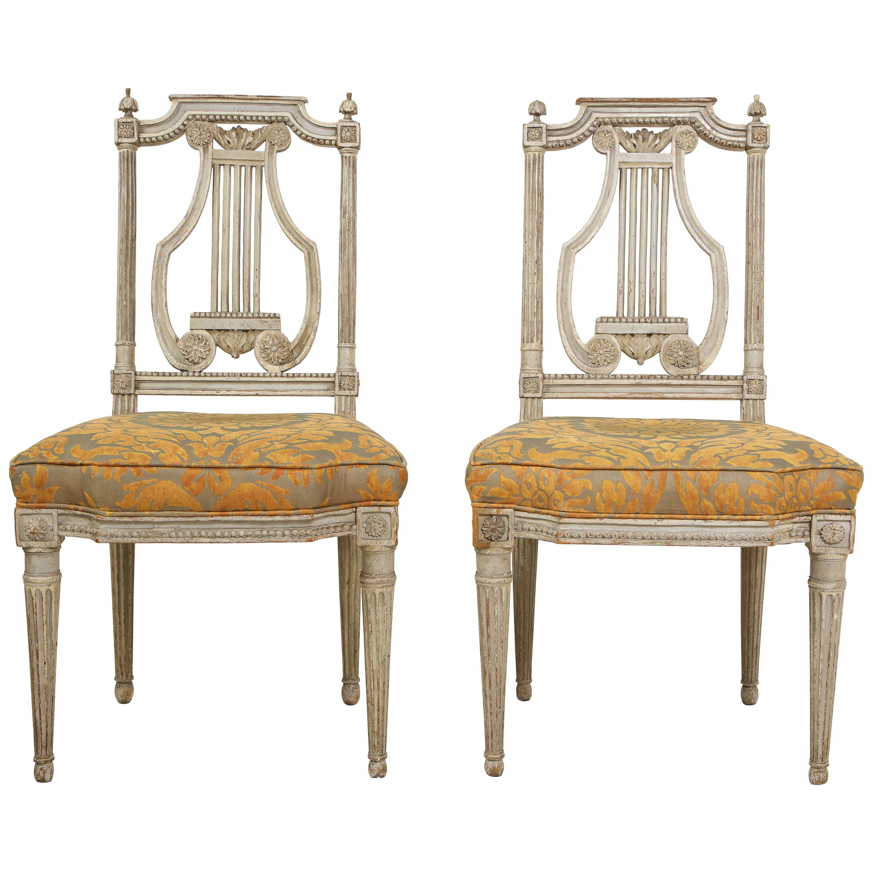 Pair of 19th Century Italian Painted Lyre-Back Chairs with Fortuny Seat Cushions