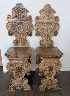 Pair of 19th C. Italian Renaissance Sgabello Hall Chairs - Heavily Carved Walnut